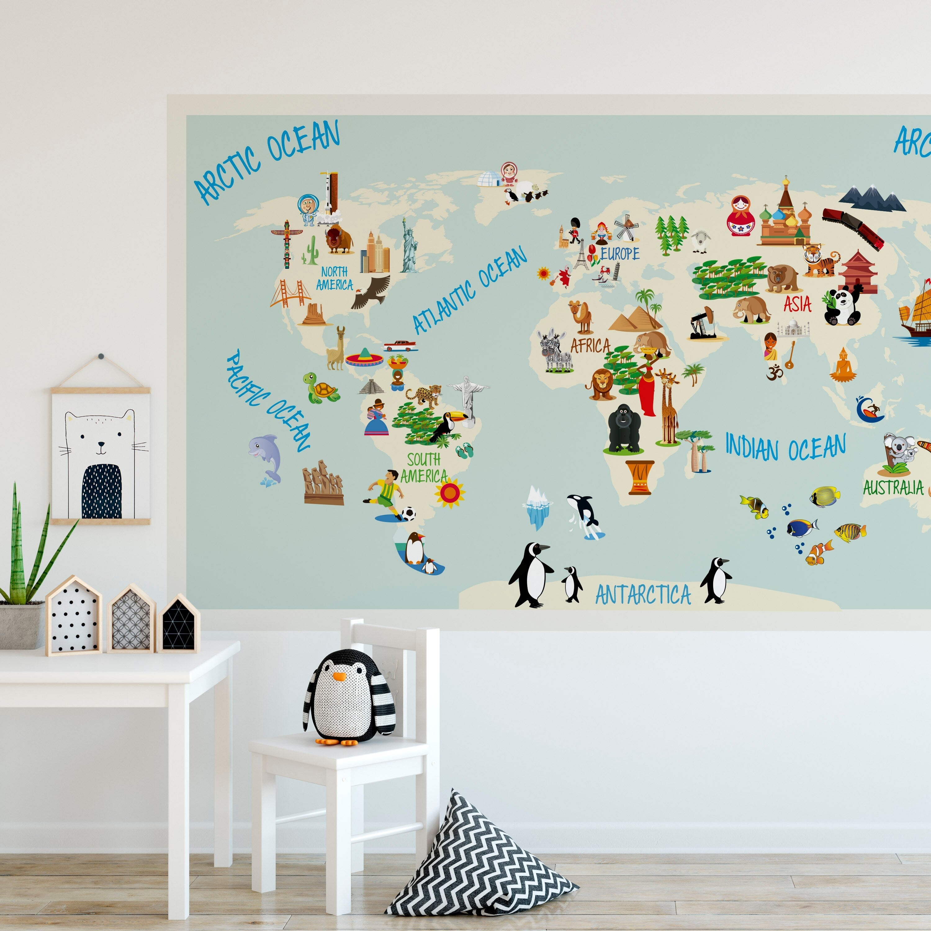 Kids World Map - Repositionable Adhesive Fabric Sticker - For Kids Bedroom and Nursery SKU:WoMapKids-1