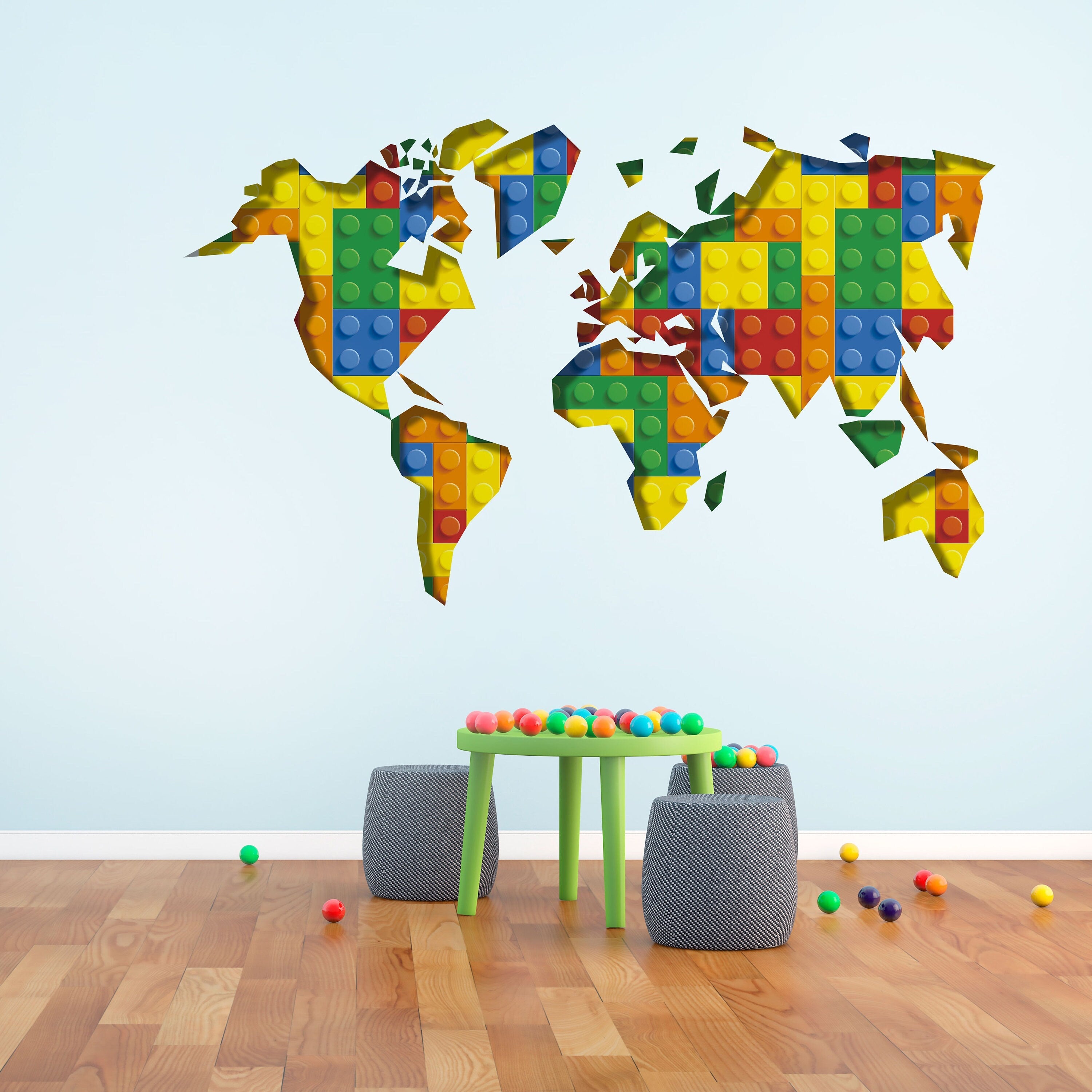 World Map, Playroom, Building Blocks, Bricks, kids Decor, Wall Decals, Wall Stickers, Kids Bedroom, Bricks Decor, Wall Art - SKU:BrickWoMaST-1