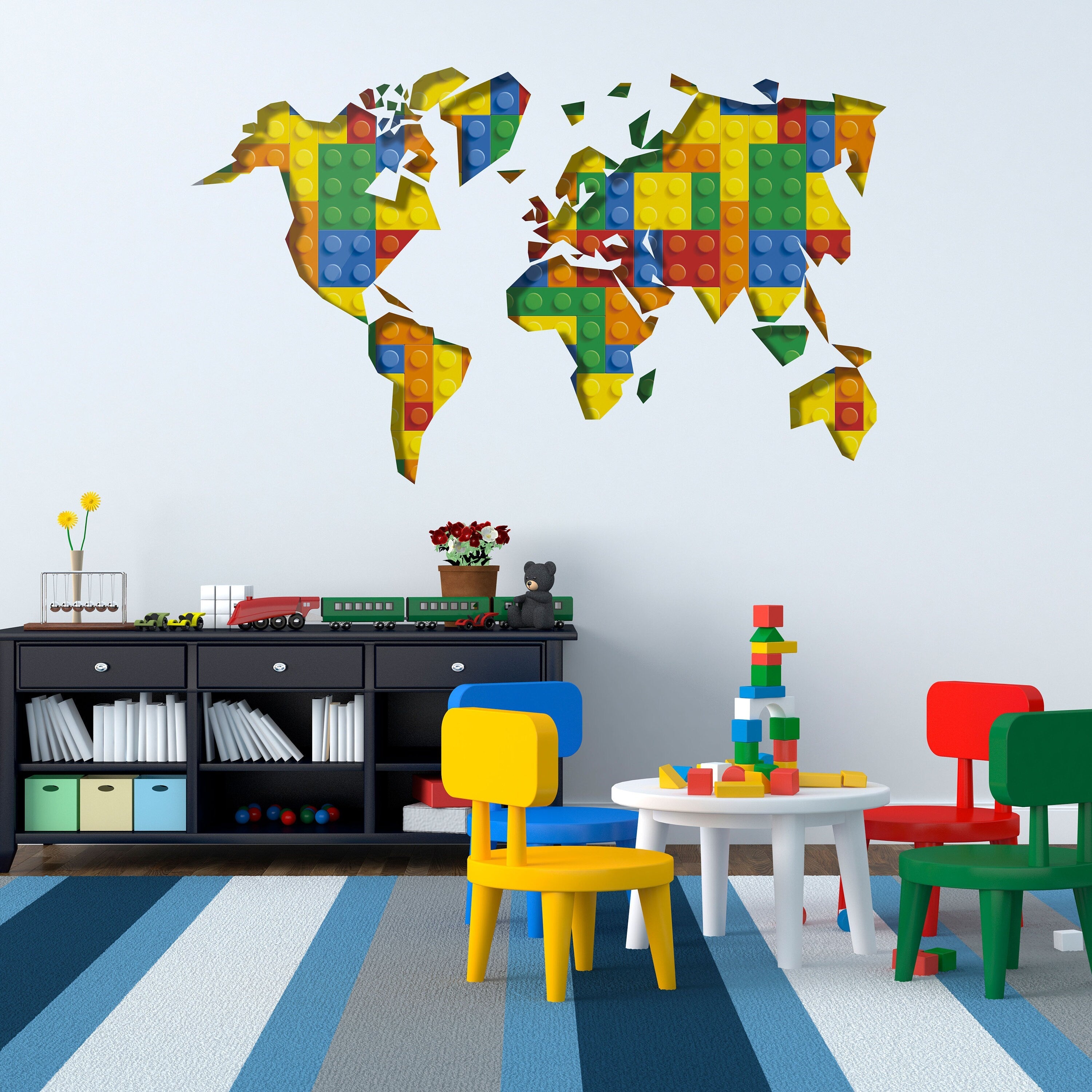 World Map, Playroom, Building Blocks, Bricks, kids Decor, Wall Decals, Wall Stickers, Kids Bedroom, Bricks Decor, Wall Art - SKU:BrickWoMaST-0