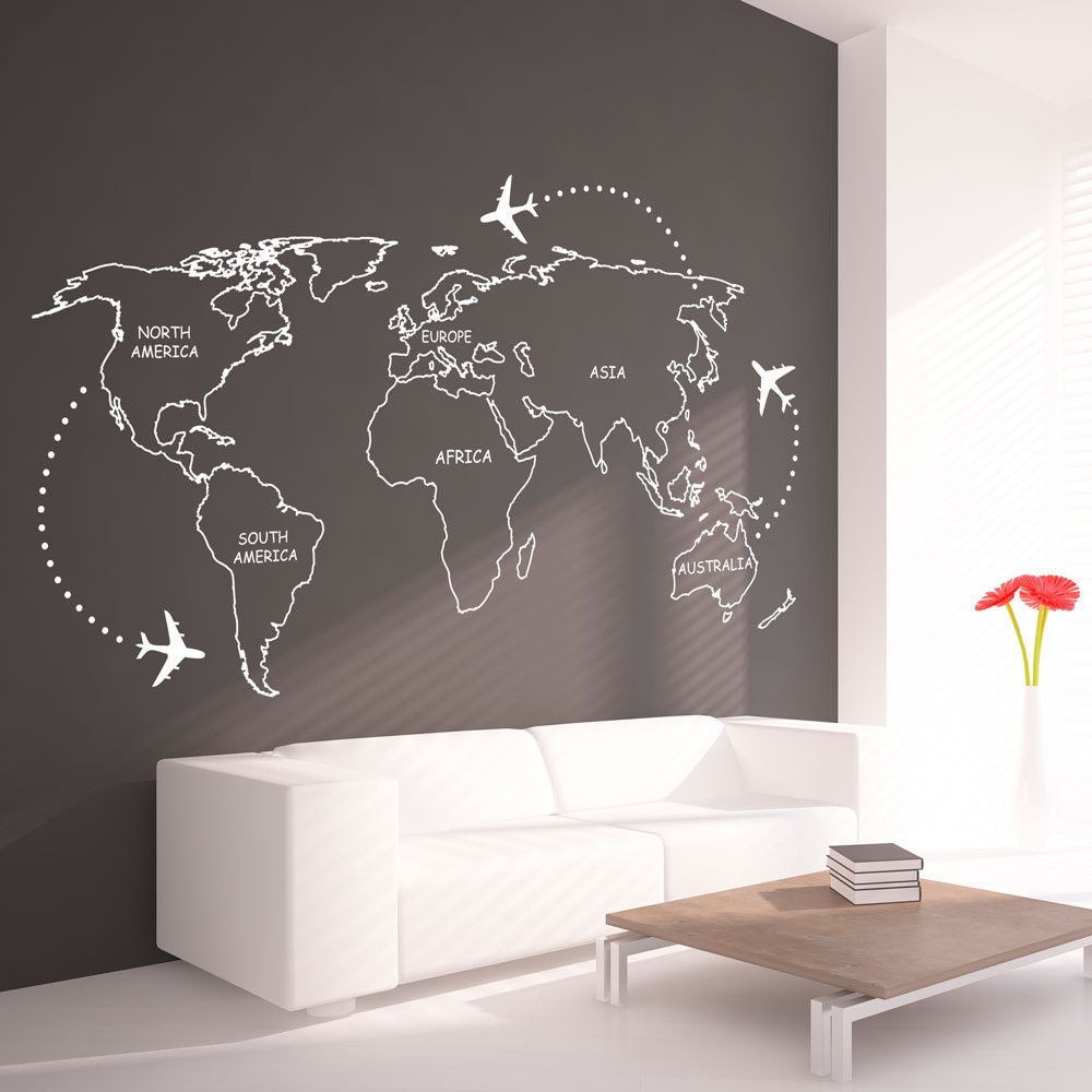 World Map - Outlines - Wall Decal - Continents Decal - Large World Map - Vinyl - World Map Wall Sticker - SKU:WoMaOuWi-0