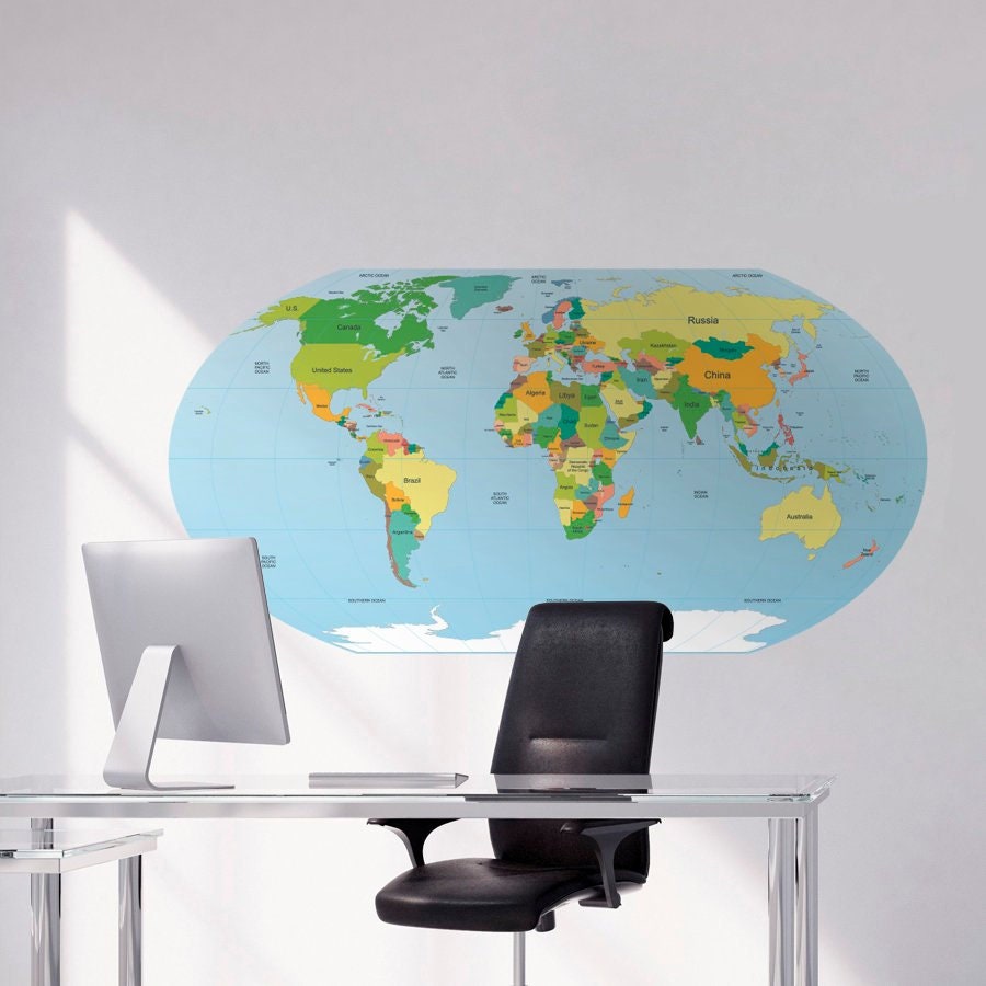 Round World Map, World Map, Office, Map Decals, World Map Decals, Wall Decal, Wall Art, Stickers, Wall Decor, Decal - SKU:RoudeWMStick-0