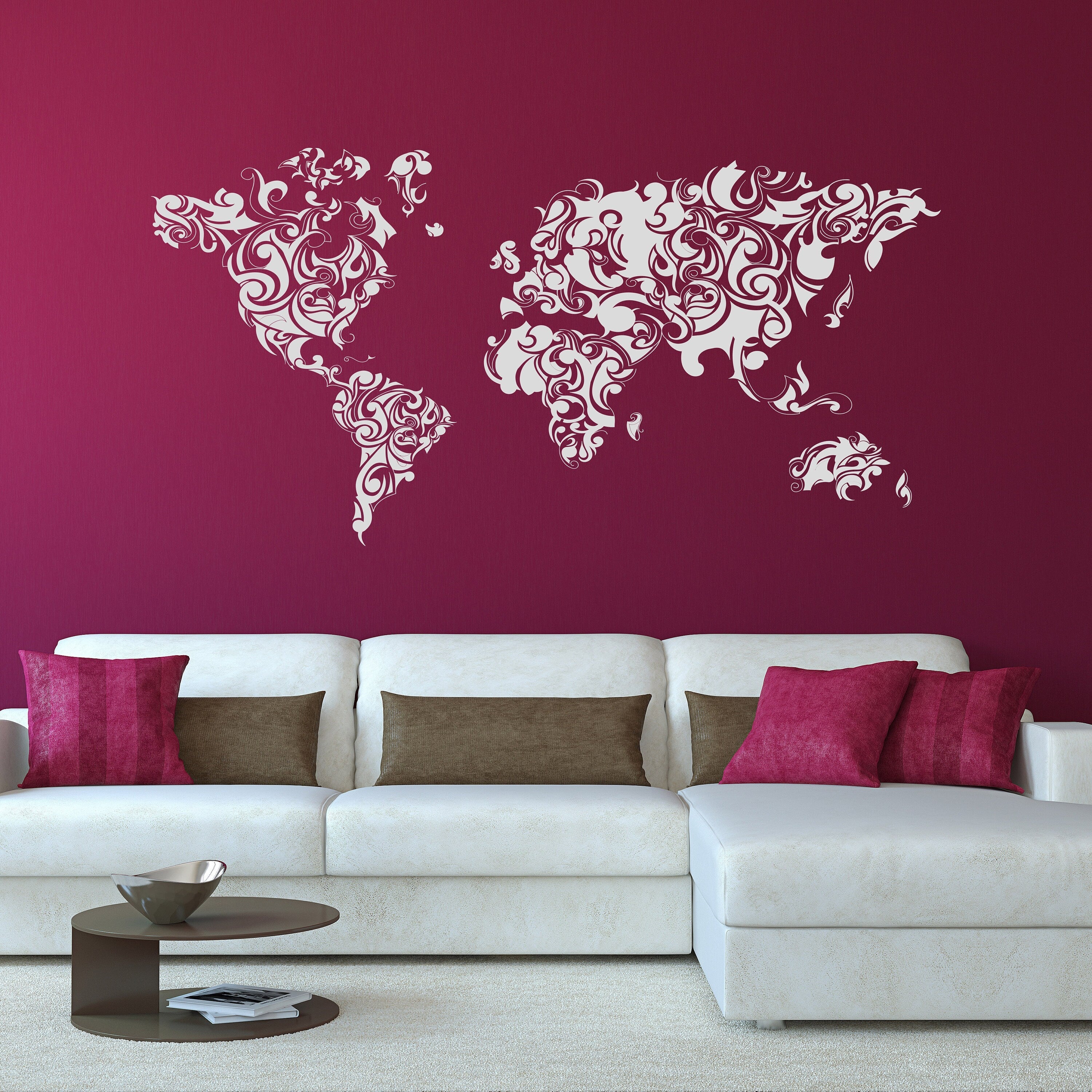 Worldmap Tribal Decal - Large World Map Vinyl Wall Sticker - World Map Wall Sticker - SKU: TFLORALWMSTICK-2