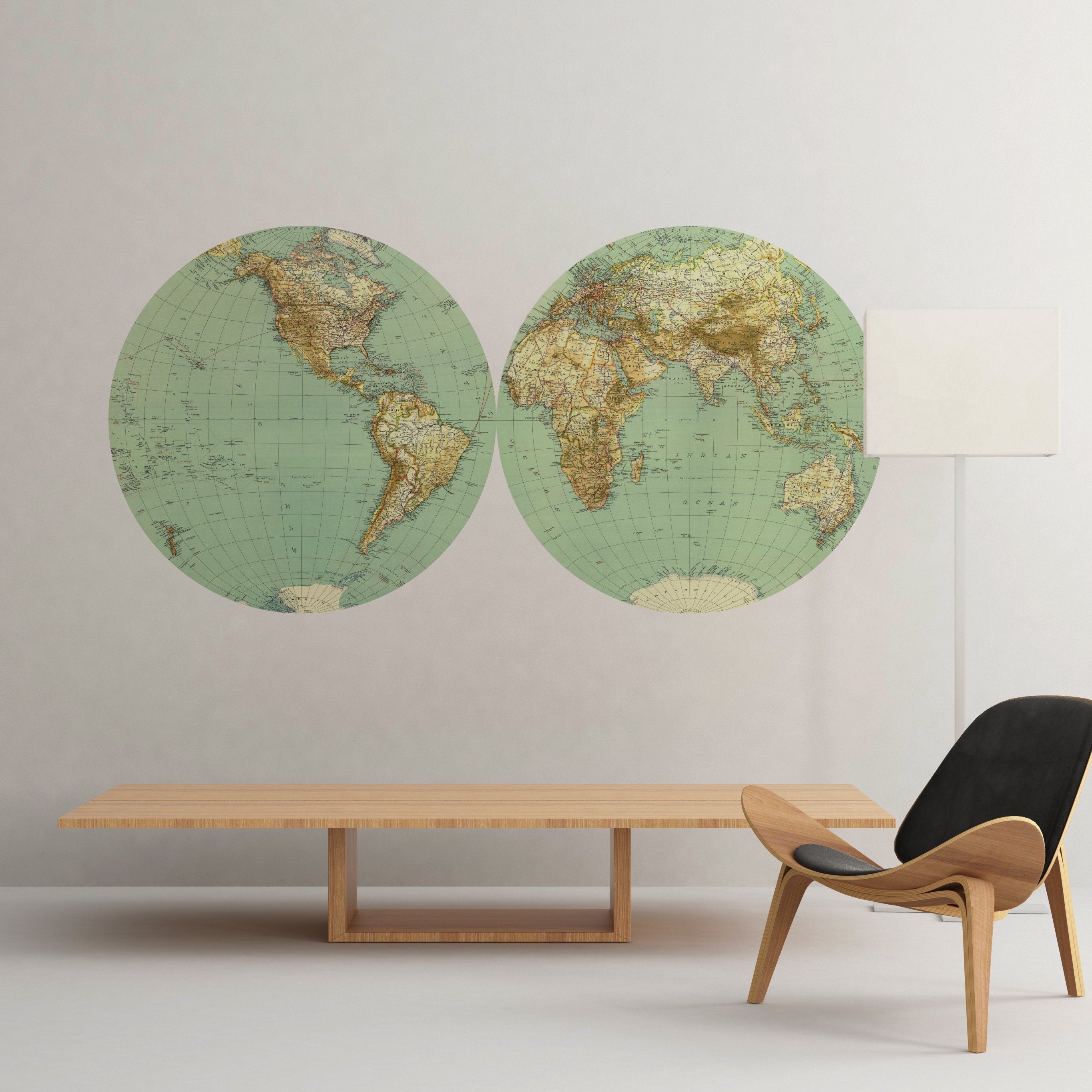 World Map Vintage Decal - Large World Map Retro Vinyl Wall Sticker - World Map Wall Sticker - SKU: ReVinWoMaST.-0