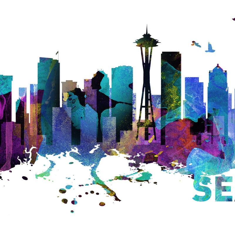 Seattle Skyline - Watercolor Print Effect - Wall Sticker - Home Design - Watercolor Art - Wall Decals - SKU: SeaSkyWat-3