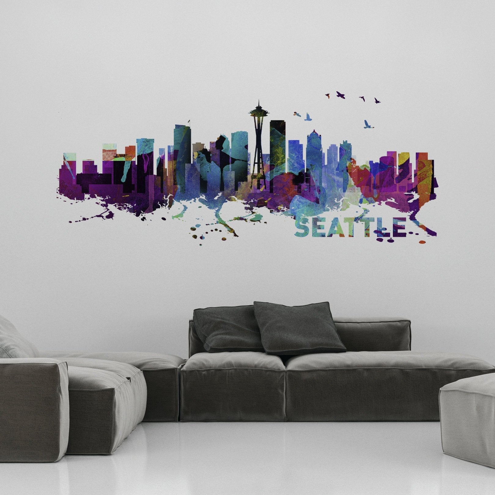 Seattle Skyline - Watercolor Print Effect - Wall Sticker - Home Design - Watercolor Art - Wall Decals - SKU: SeaSkyWat-0