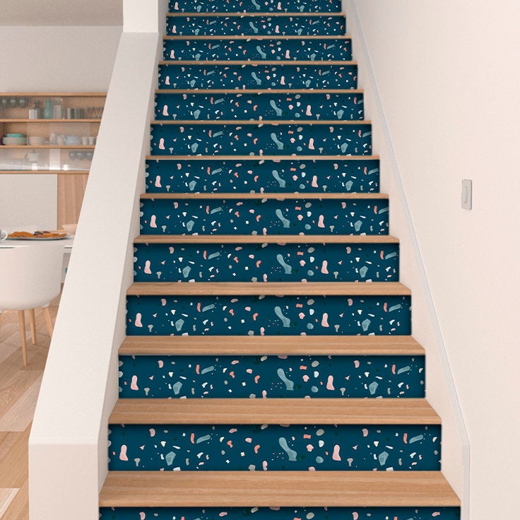 Stair Stickers, Stair Decals, Stickers Escalier, Peel Stick Vinyl Decal Self Adhesive, Dark Blue Terrazzo Pattern - Pack of 10 - SKU:FXTER2-0