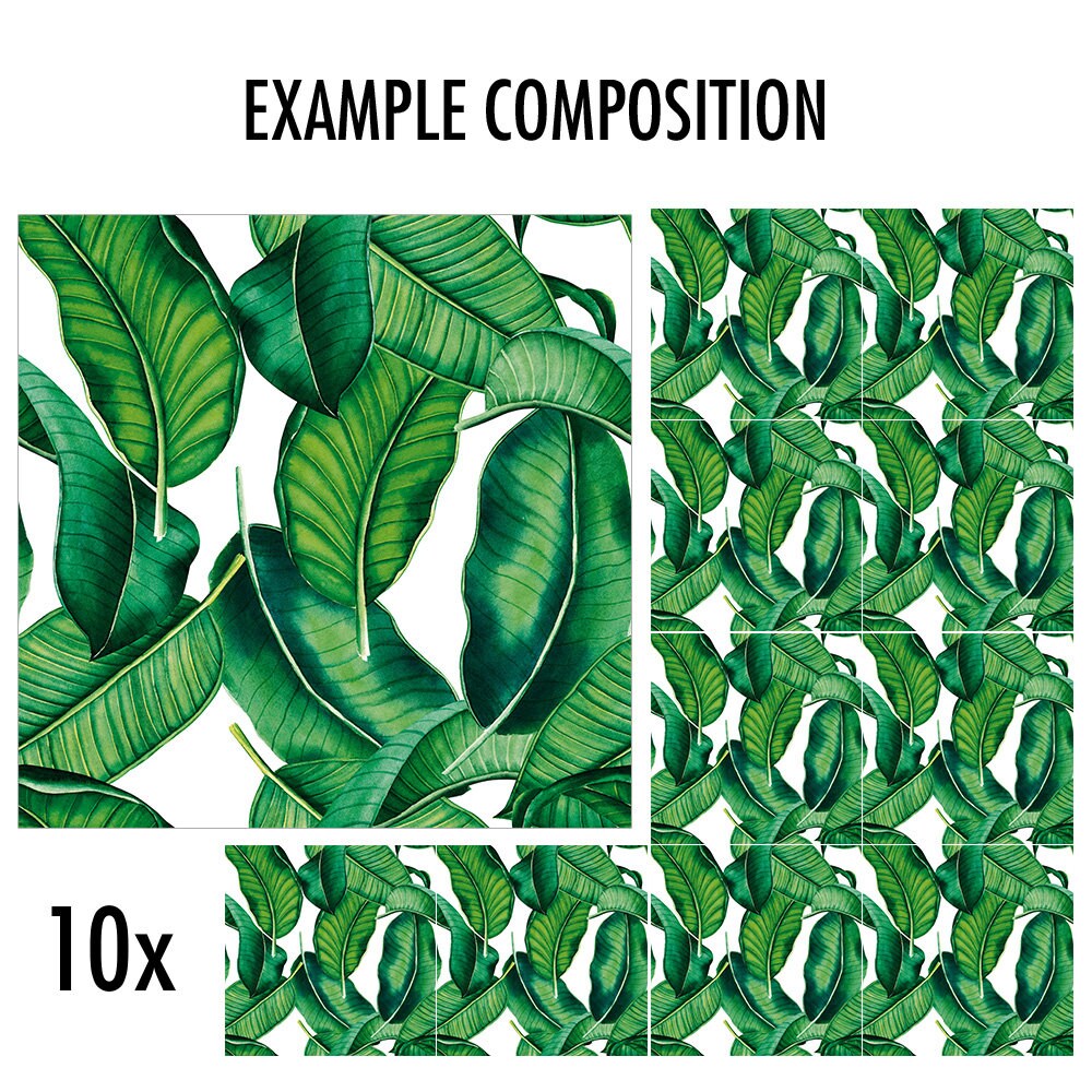 Banana Leaf Tile Stickers, Tropical Leaves, Green Leaves, Suitable for Wall and Floor, Waterproof, Tile Decoration, PACK of 10, SKU:BOTAN-4