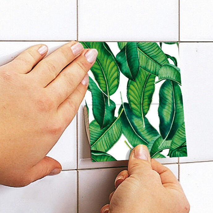 Banana Leaf Tile Stickers, Tropical Leaves, Green Leaves, Suitable for Wall and Floor, Waterproof, Tile Decoration, PACK of 10, SKU:BOTAN-3