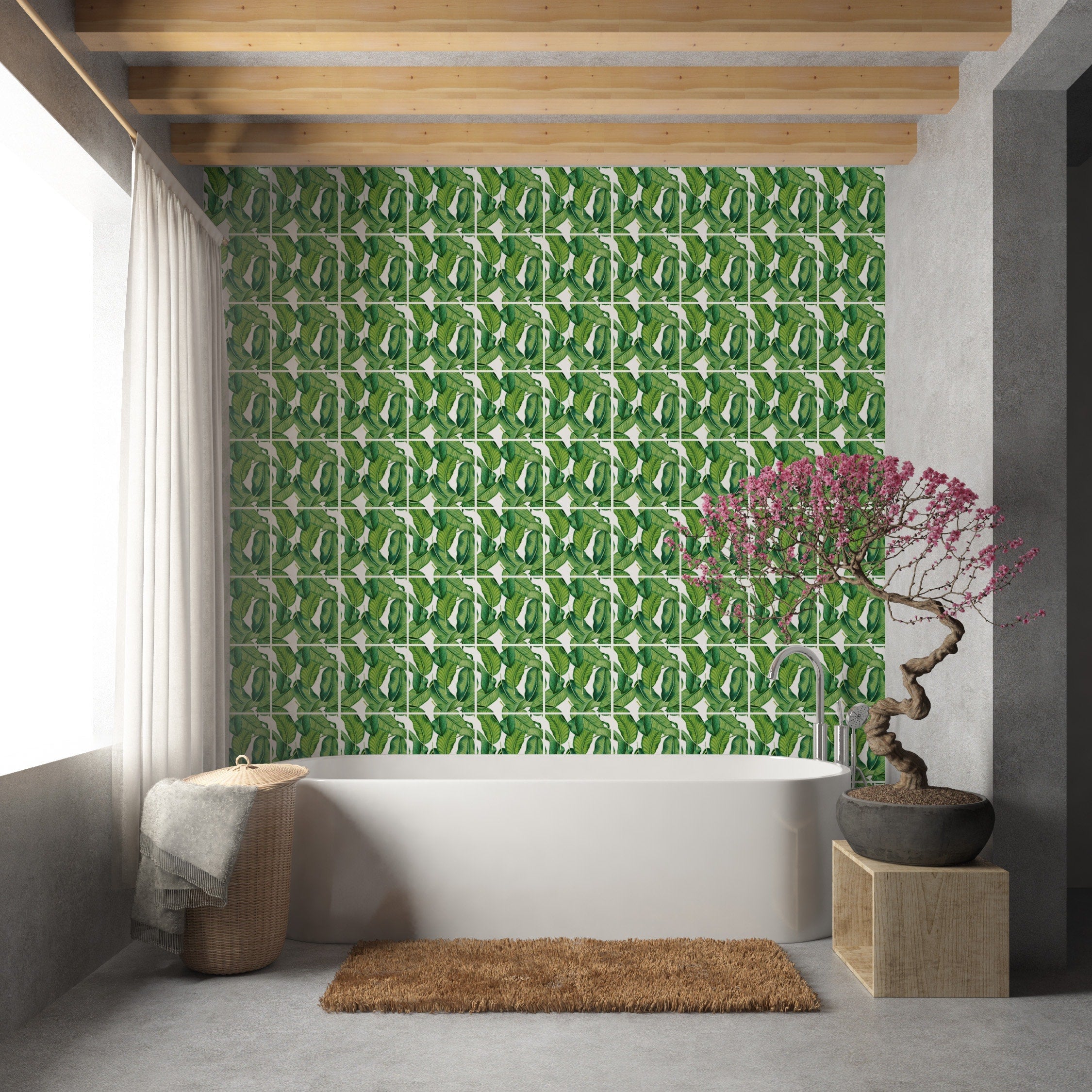 Banana Leaf Tile Stickers, Tropical Leaves, Green Leaves, Suitable for Wall and Floor, Waterproof, Tile Decoration, PACK of 10, SKU:BOTAN-0