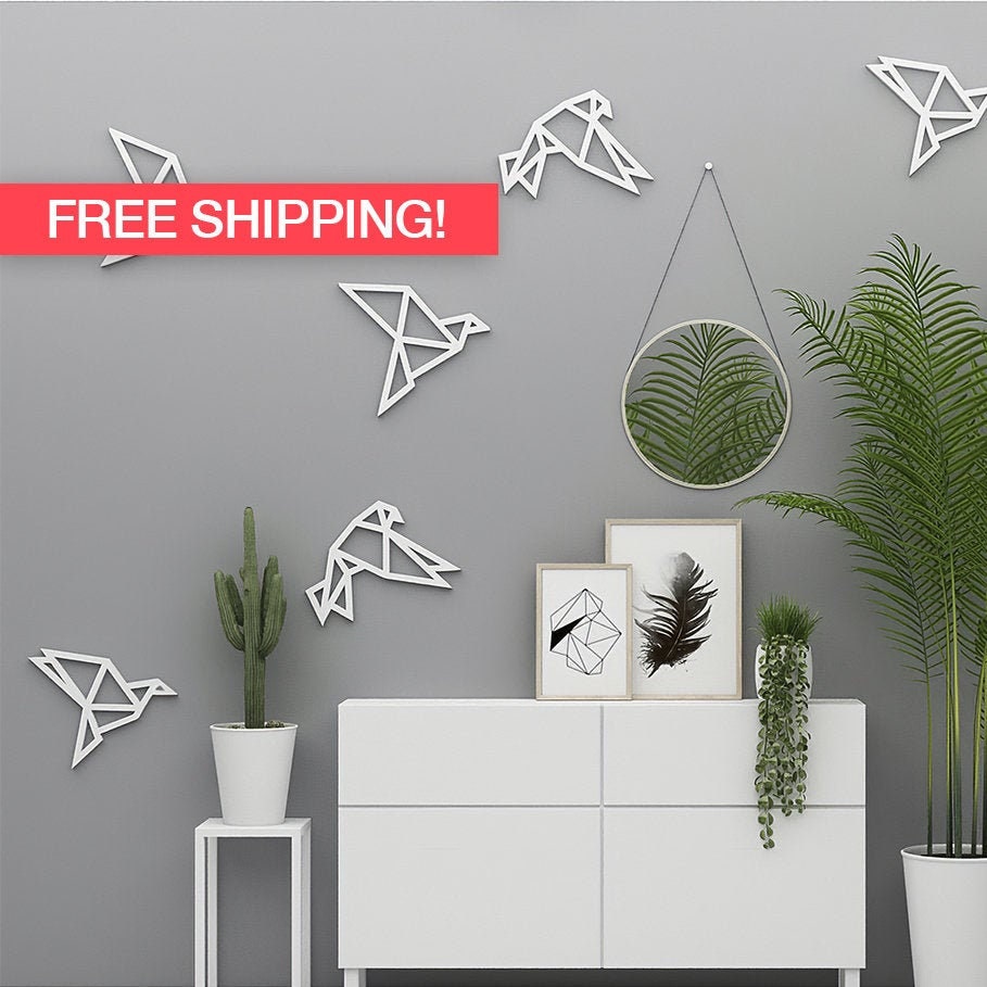 Origami birds for wall decor , black or white polygonal , Set of 6 Geometric Cranes , Wall Art for Office Home Decor Living Room - SKU:ORBI-0