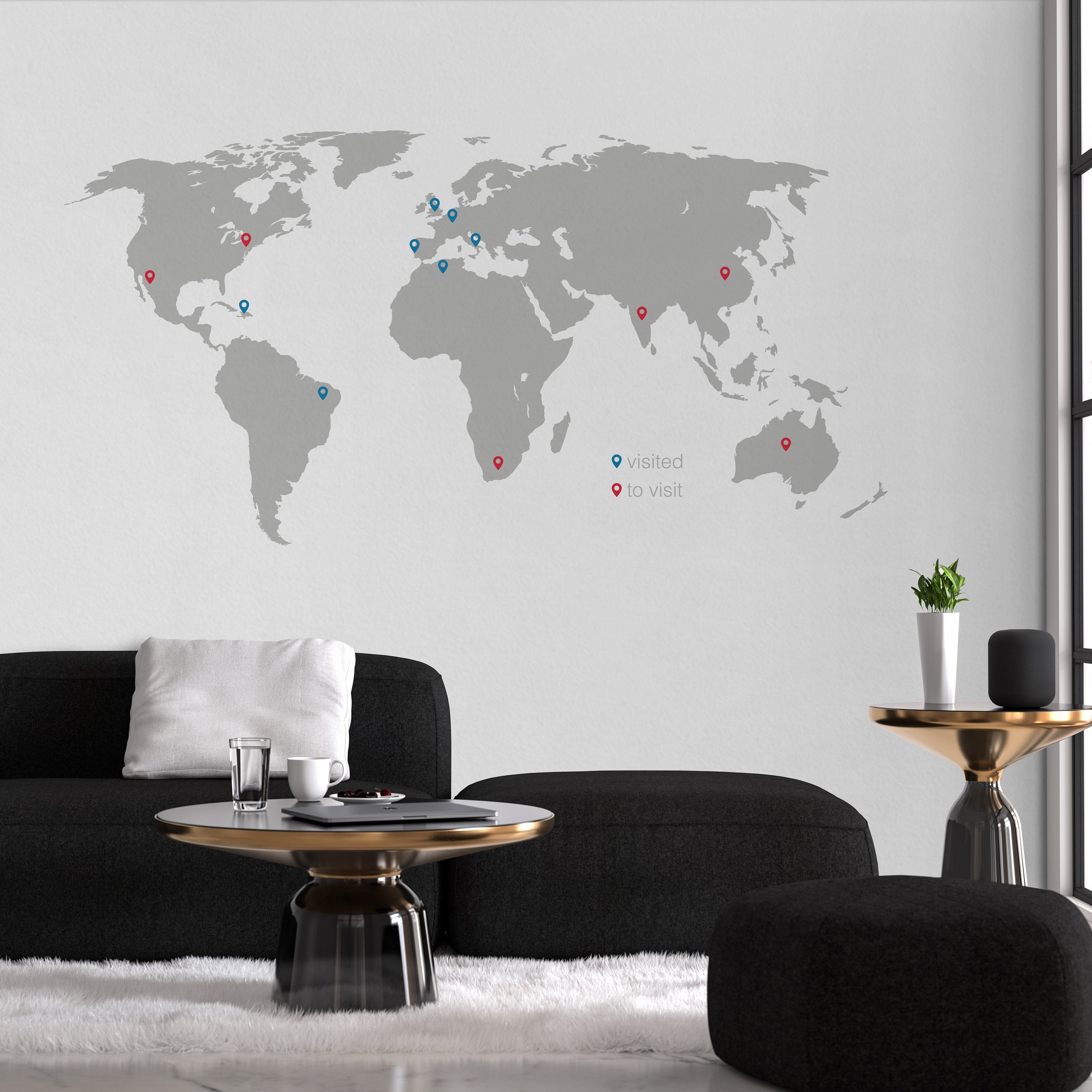 World Map with Pins - Large World Map Vinyl Wall Sticker - World Map Wall Sticker - SKU:WORLDMPINS-0