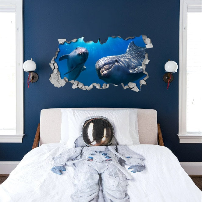 Dolphins Broken Wall Decal - 3d Wallpaper - 3d wall decals - 3d printed - 3d wall art - 3d art - Wall Sticker - Wall Decal - SKU: DOLHEL3DM-1