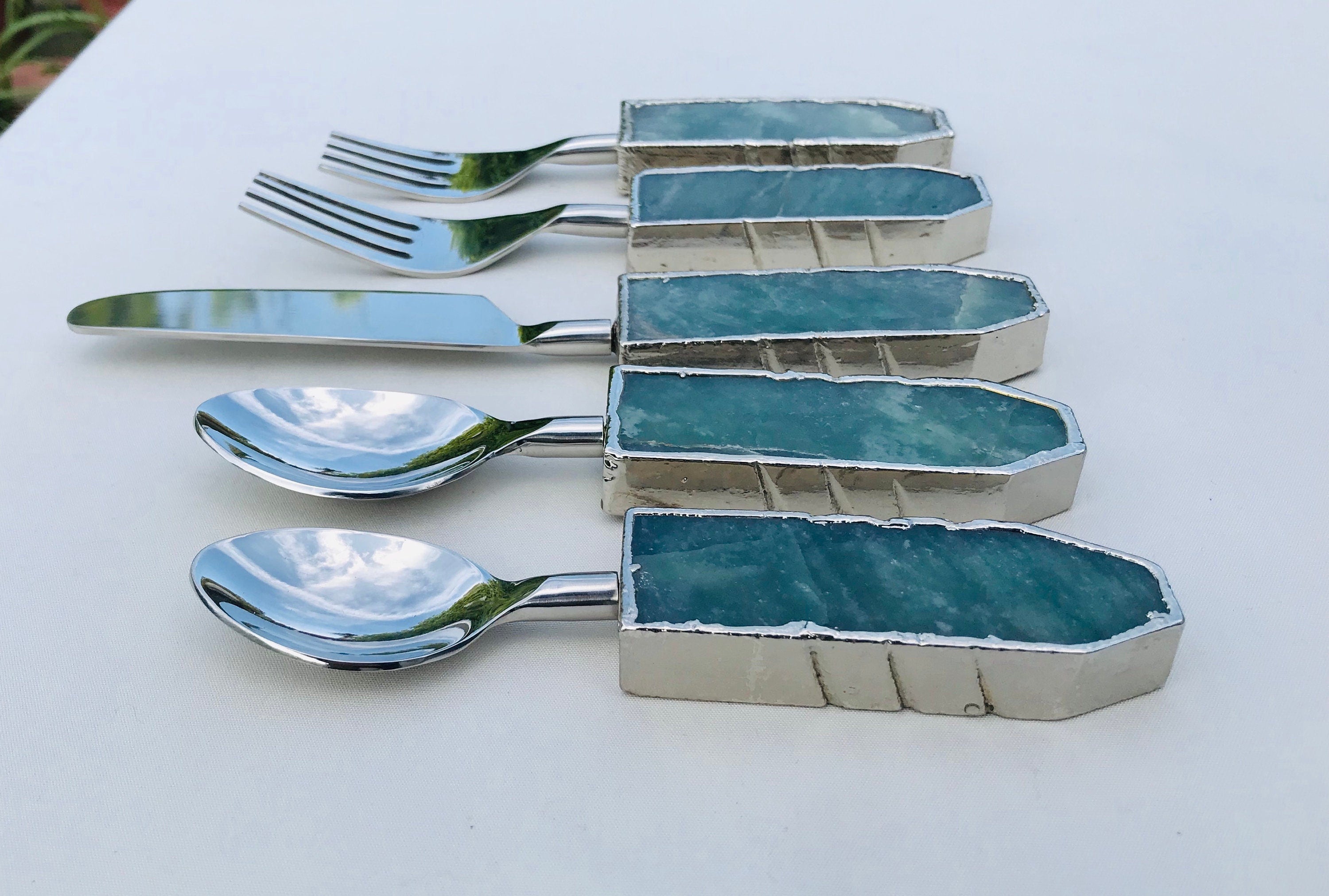 Set of 5 Pieces Green Agate Cutlery-1