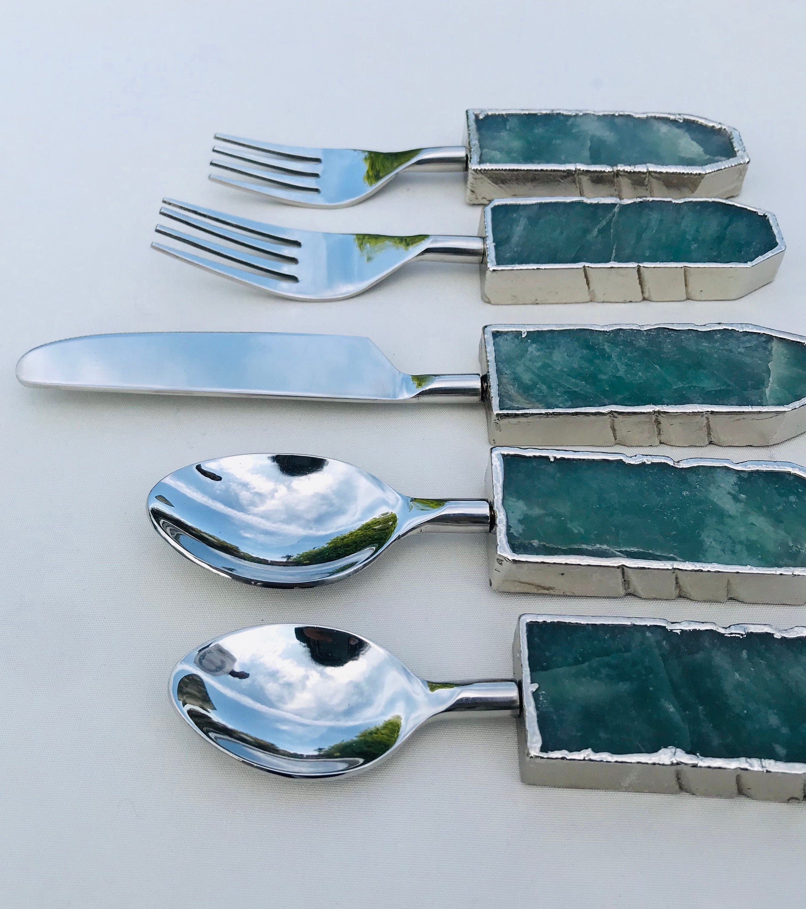 Set of 5 Pieces Green Agate Cutlery-4