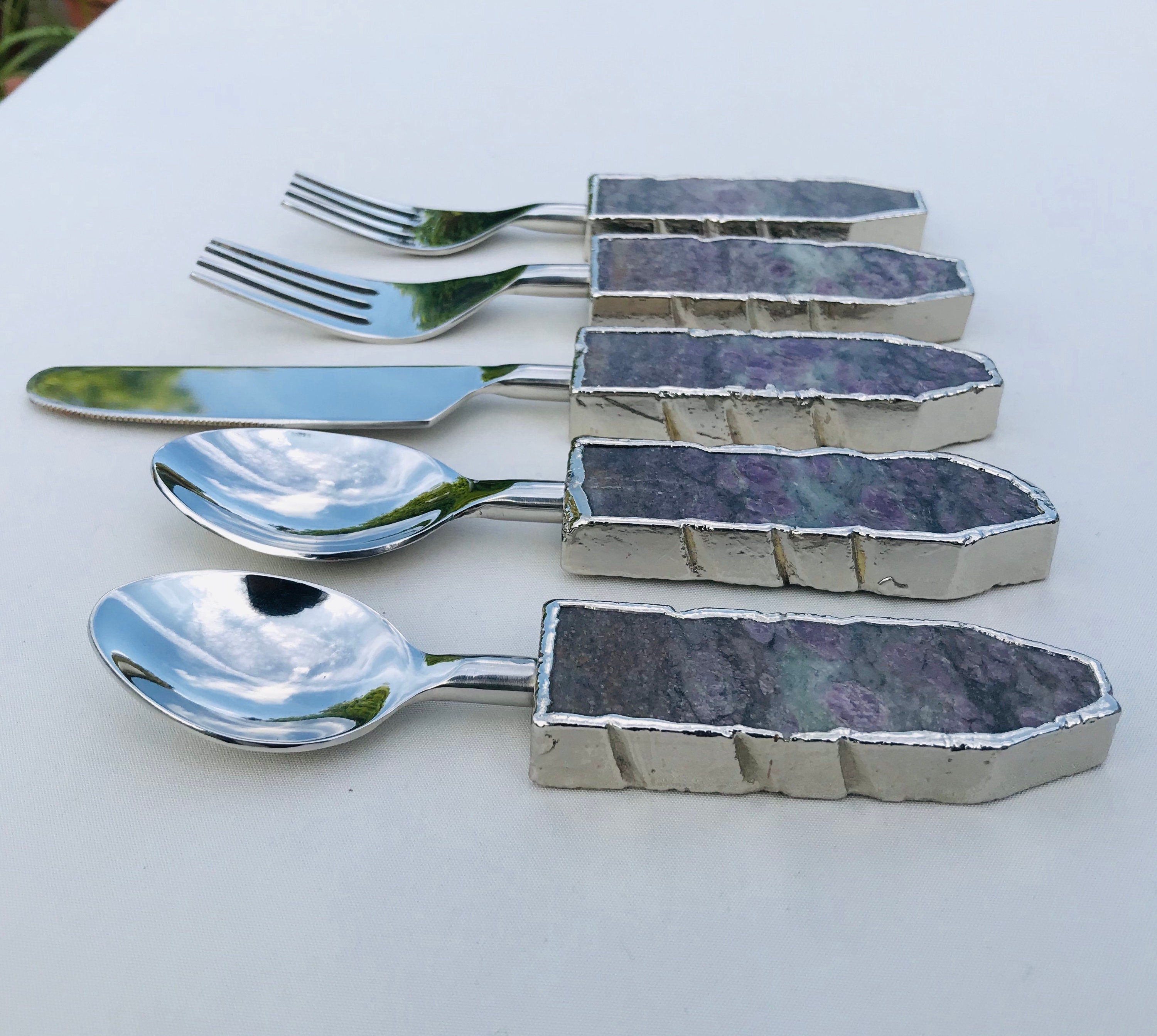 Set of 5 Pieces Lepidolite Gemstone/Agate Cutlery-2