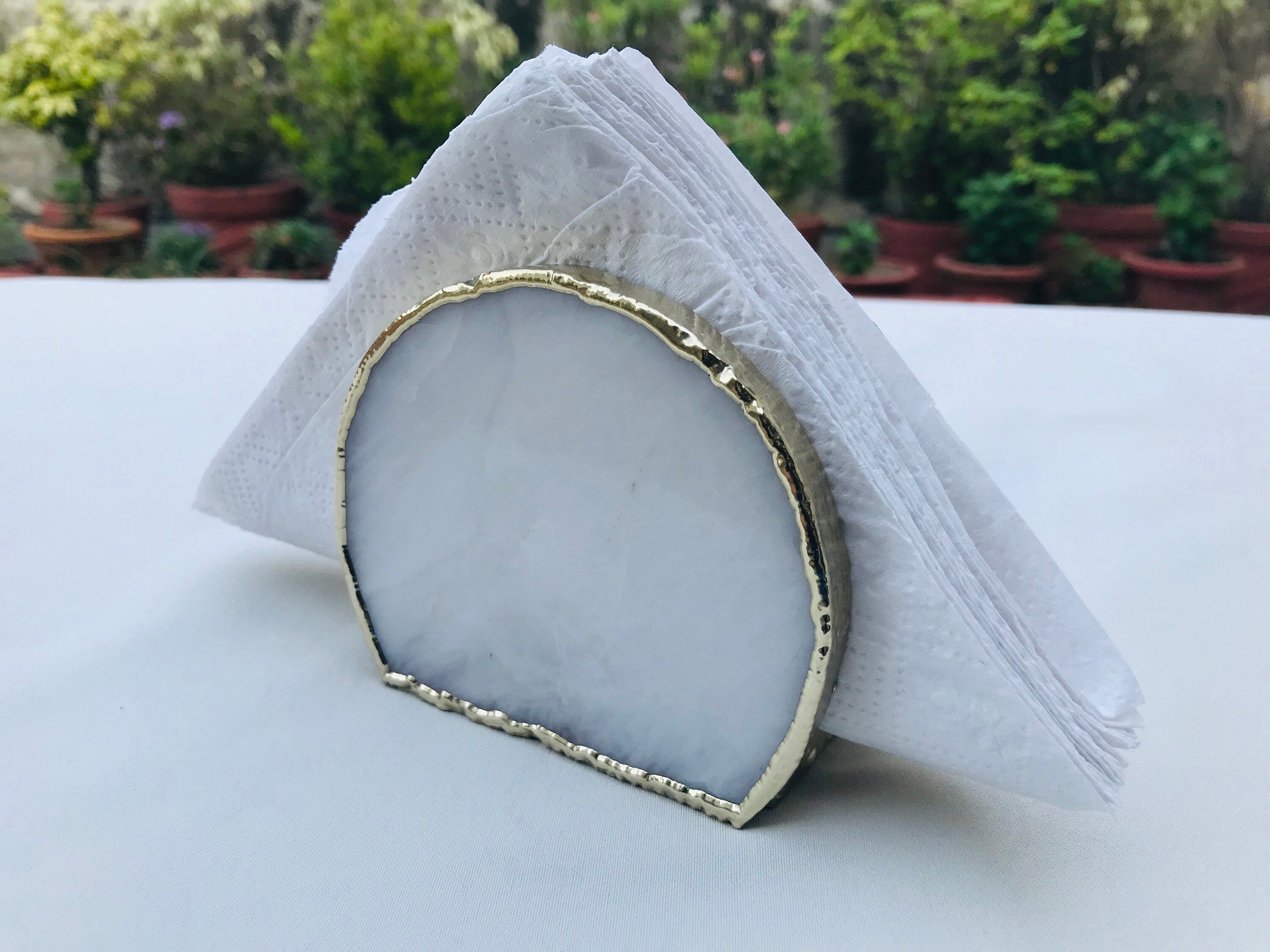 Hand Rounded White Agate Napkin Holder/Natural Stone Napkin Holder/Paper Napkin Holder/Desk Napkin Holder/Picnic Holder-3