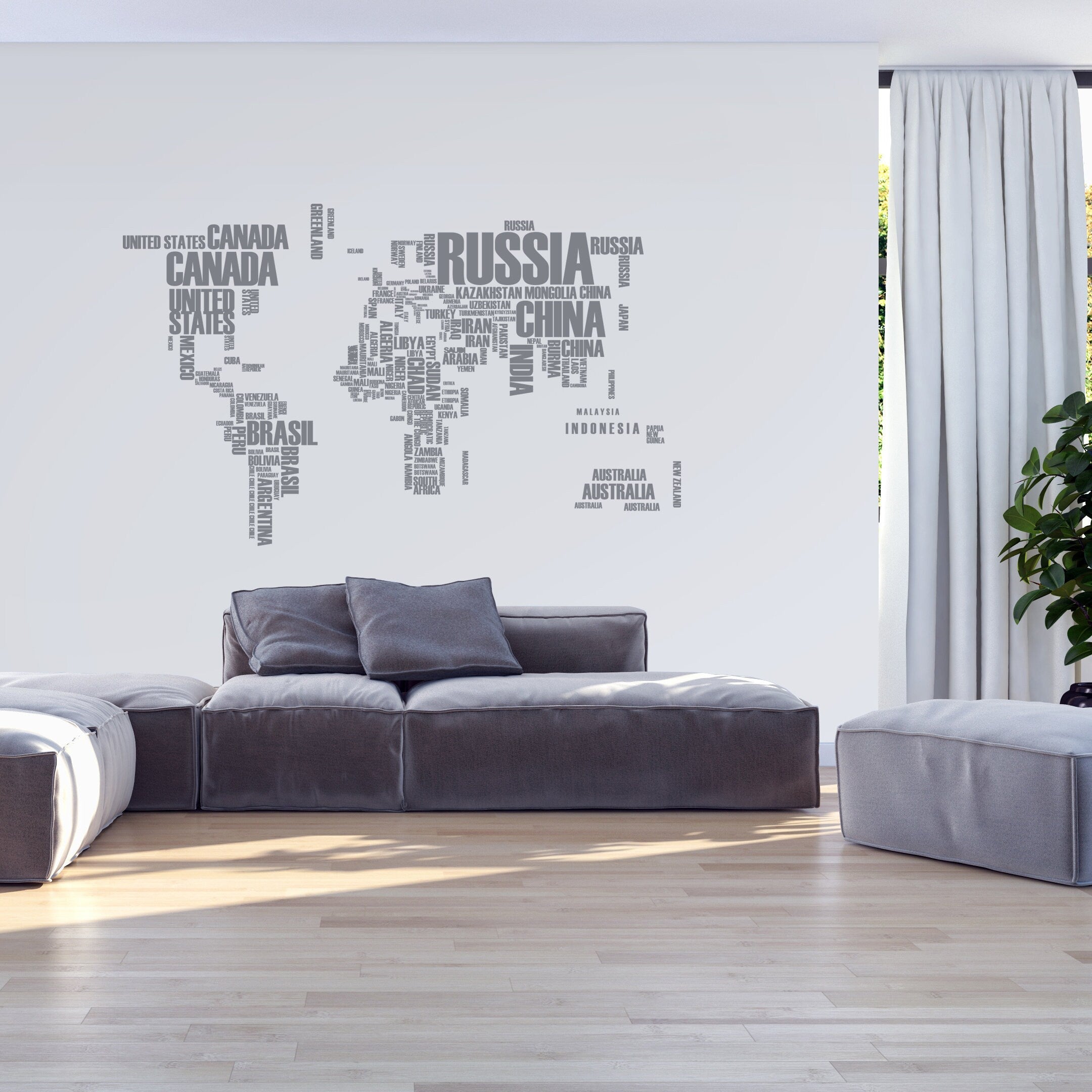 World Map - Wall Decals - Wall Stickers - Country Names Text - Typography Stickers - Home Decor - Office Decor - SKU:WOMAPTE-1