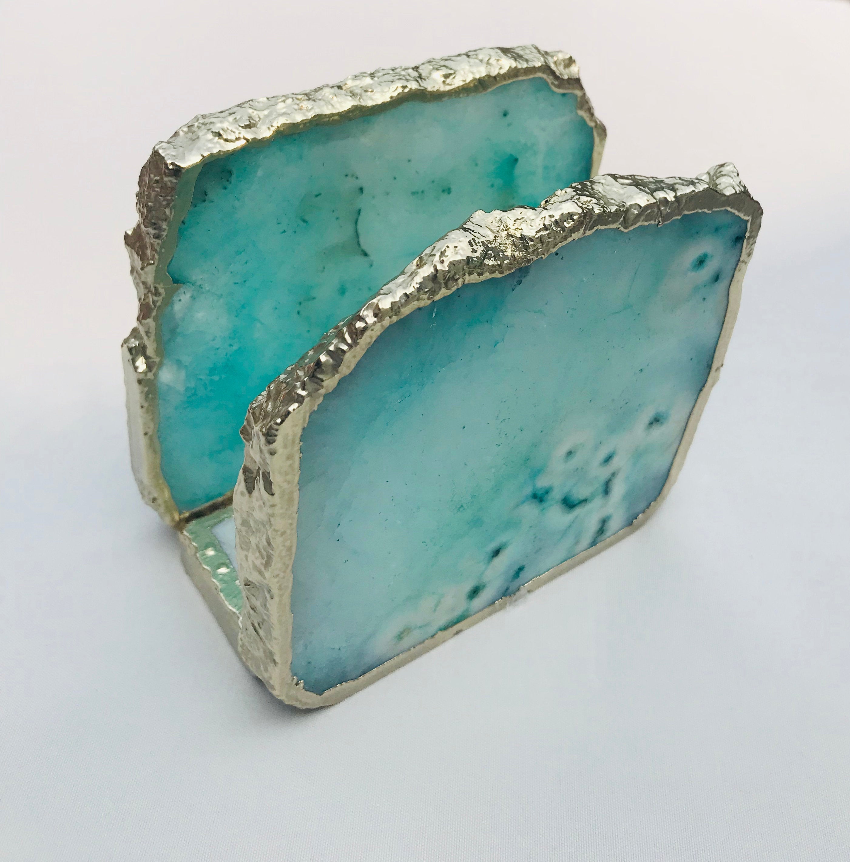 Aqua Agate Napkin Holder/Natural Stone Napkin Holder/Paper Napkin Holder/Desk Napkin Holder/Picnic Holder-0