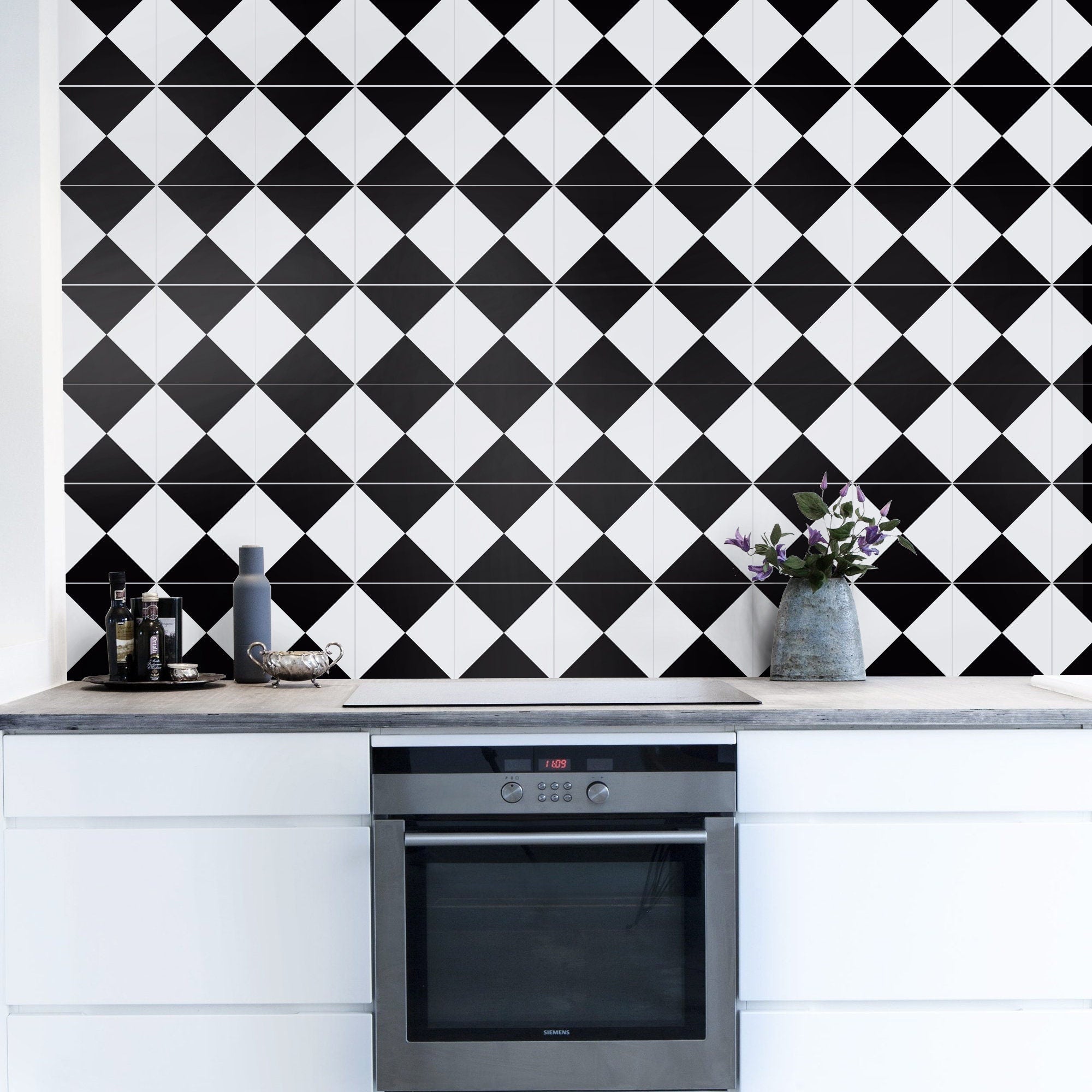 Victorian Black and White Triangles Tile Stickers, Suitable Wall and Floor, Waterproof, Tile Decoration, Modern Decor, PACK of 10, SKU:VICT-2