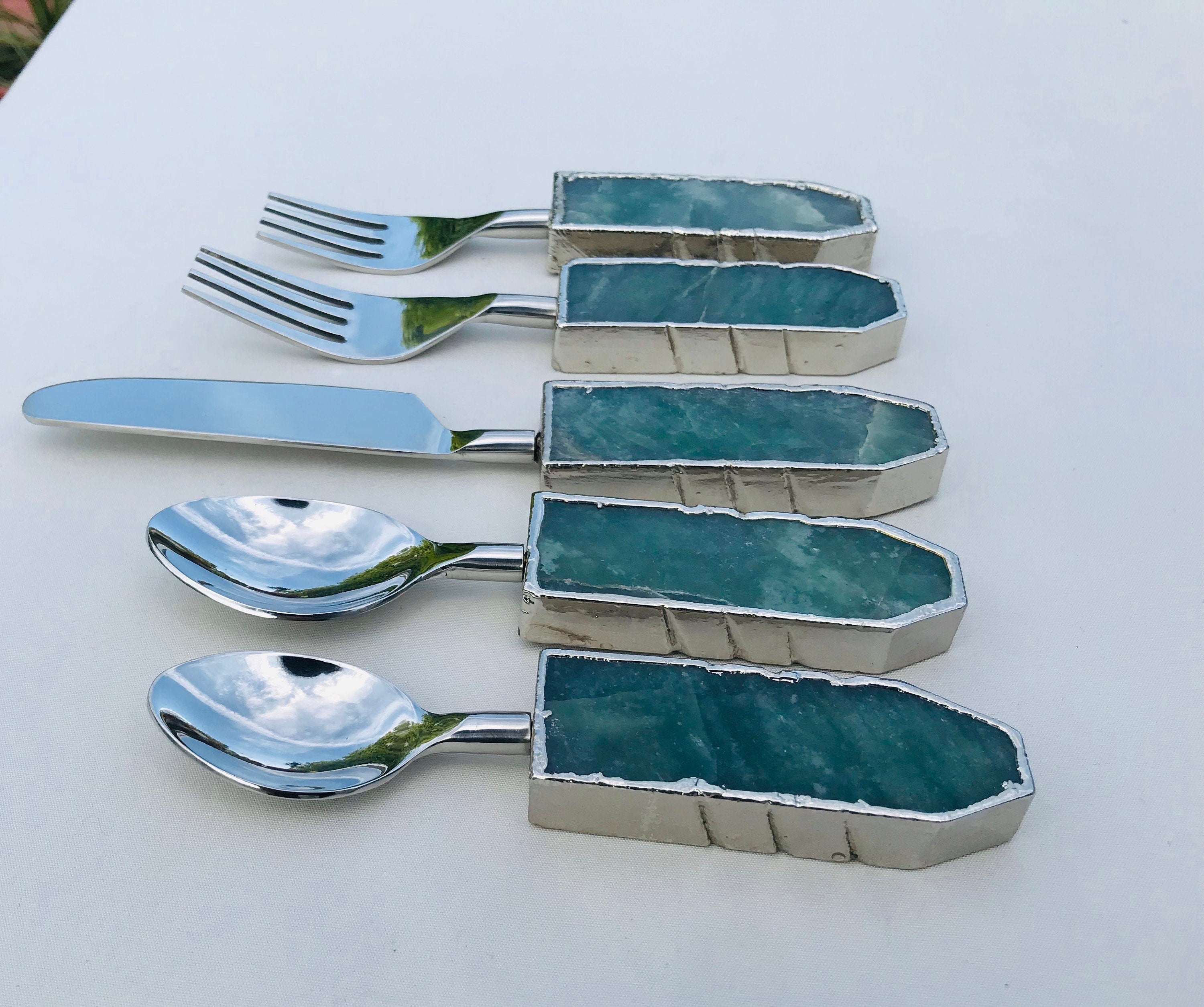 Set of 5 Pieces Green Agate Cutlery-2