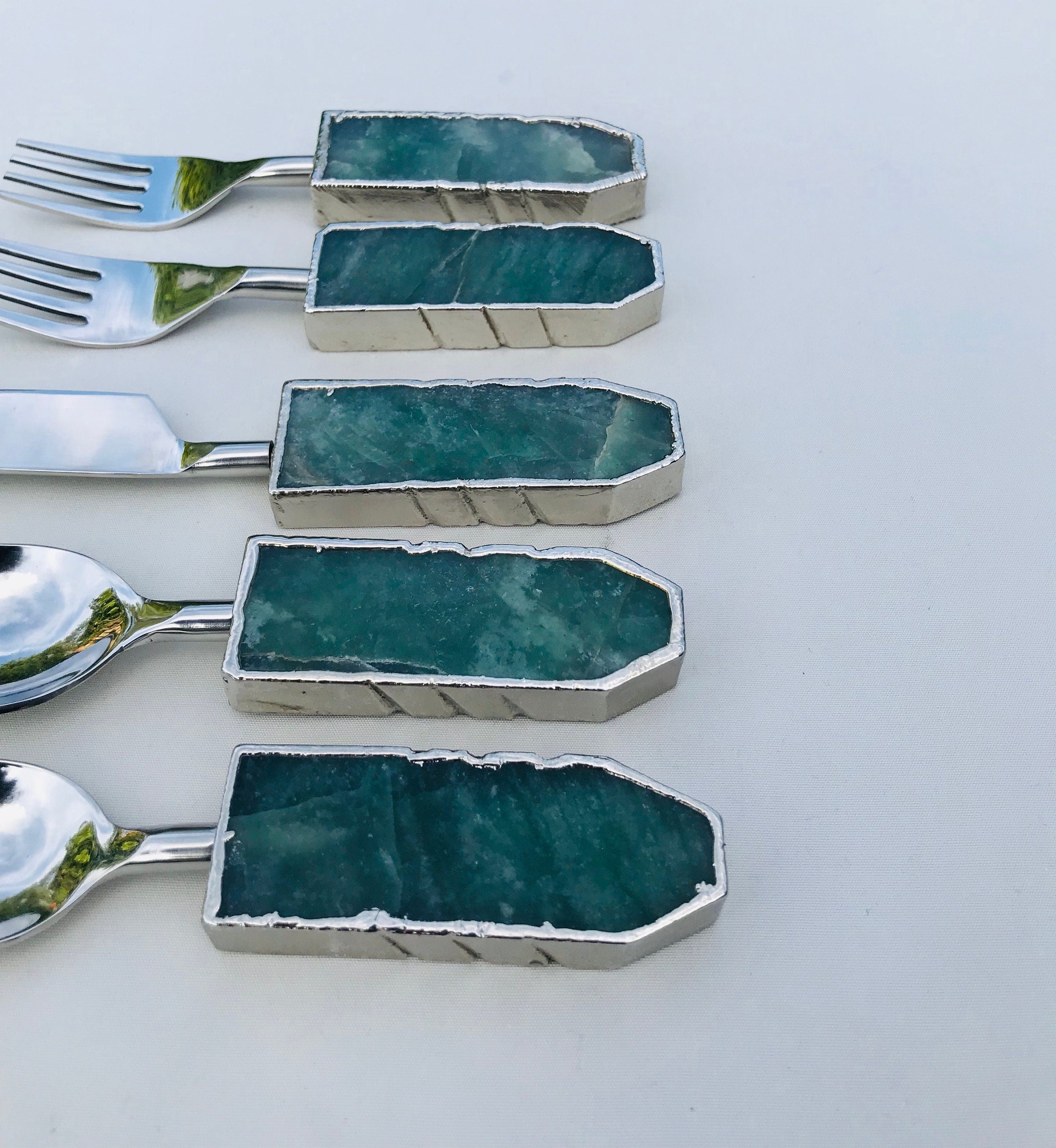 Set of 5 Pieces Green Agate Cutlery-3