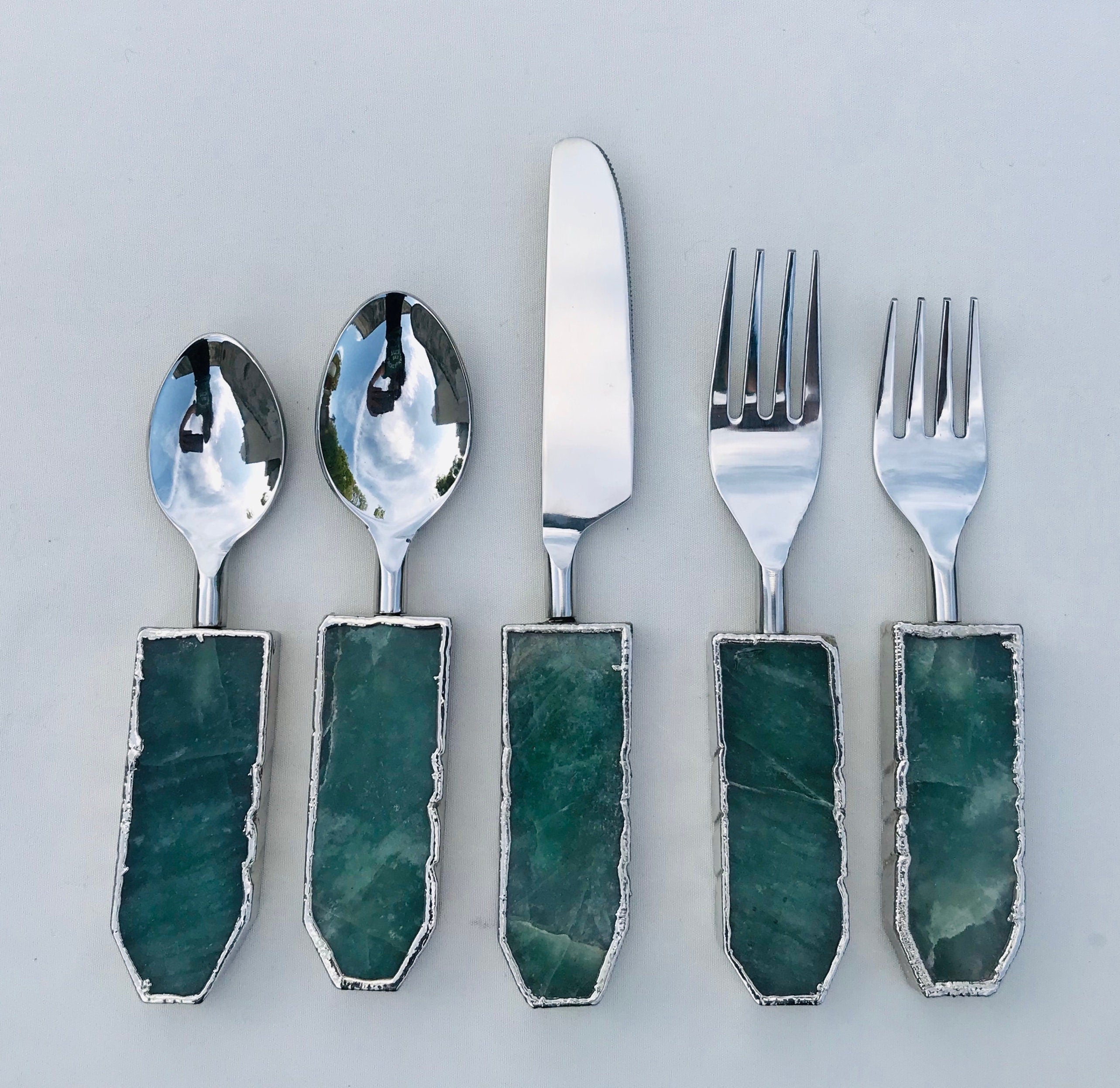 Set of 5 Pieces Green Agate Cutlery-0