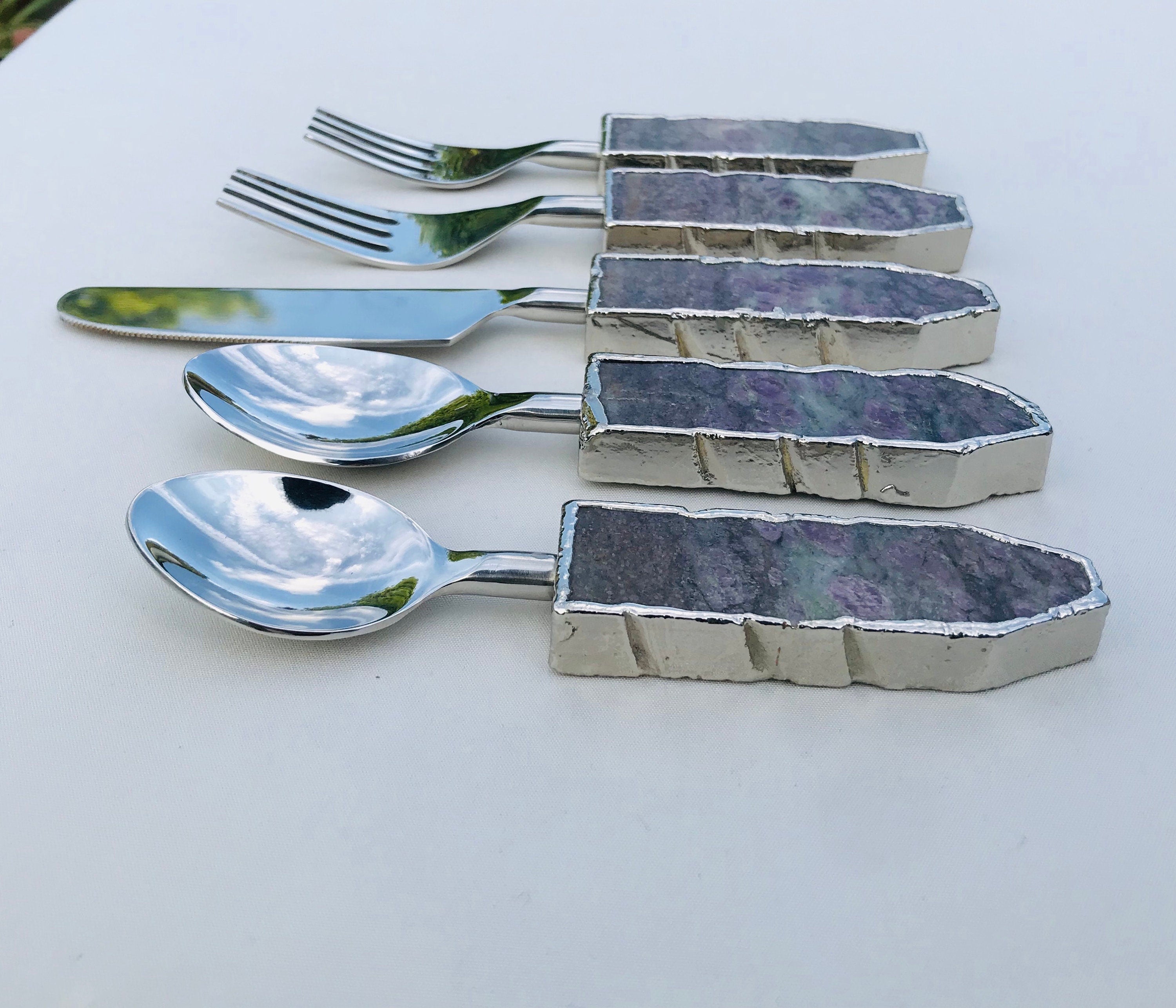 Set of 5 Pieces Lepidolite Gemstone/Agate Cutlery-3