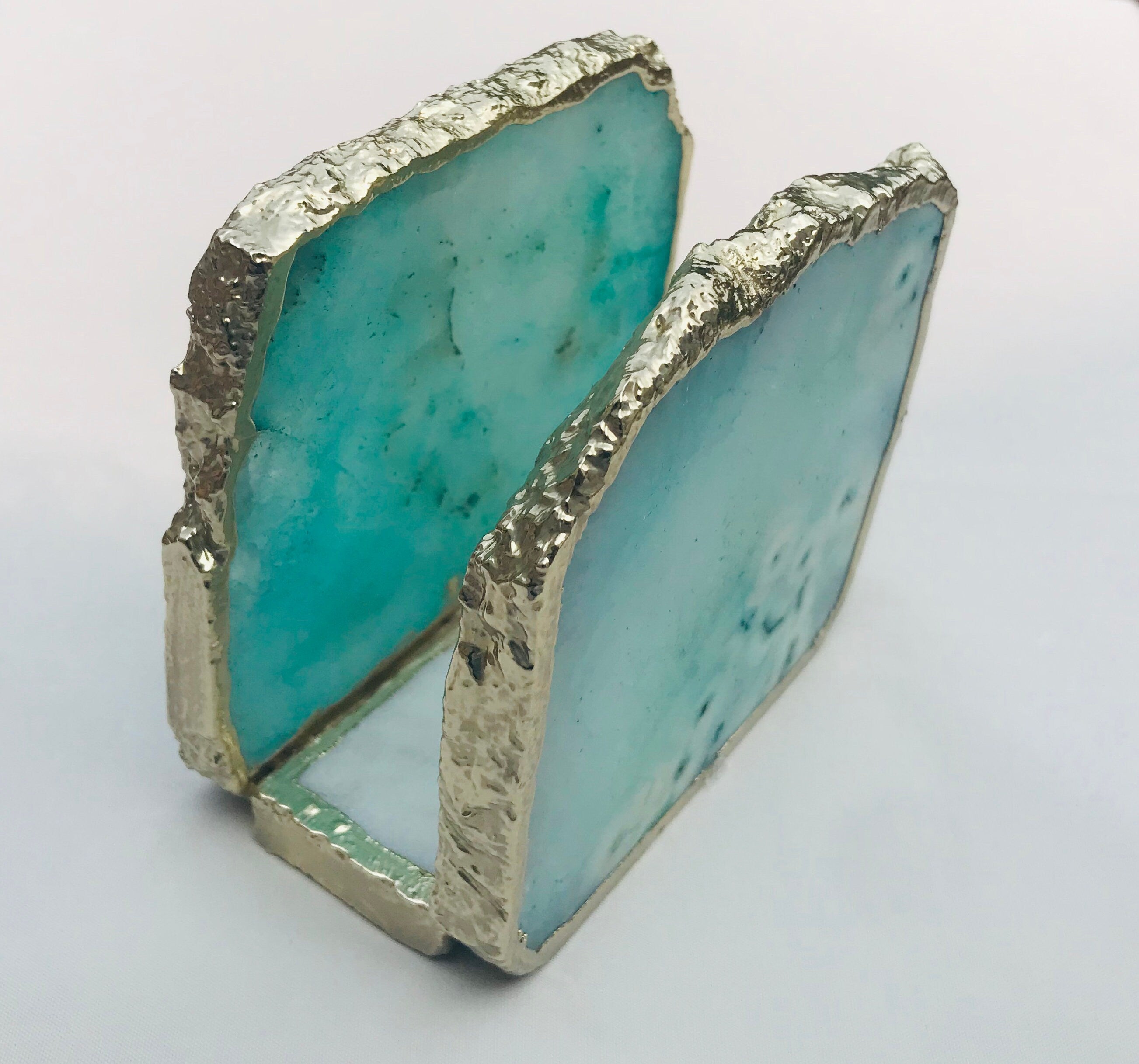 Aqua Agate Napkin Holder/Natural Stone Napkin Holder/Paper Napkin Holder/Desk Napkin Holder/Picnic Holder-2