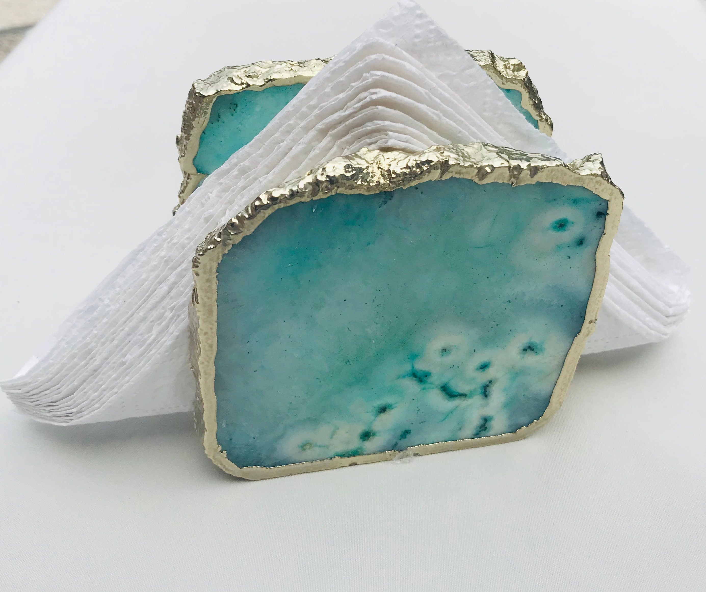 Aqua Agate Napkin Holder/Natural Stone Napkin Holder/Paper Napkin Holder/Desk Napkin Holder/Picnic Holder-3