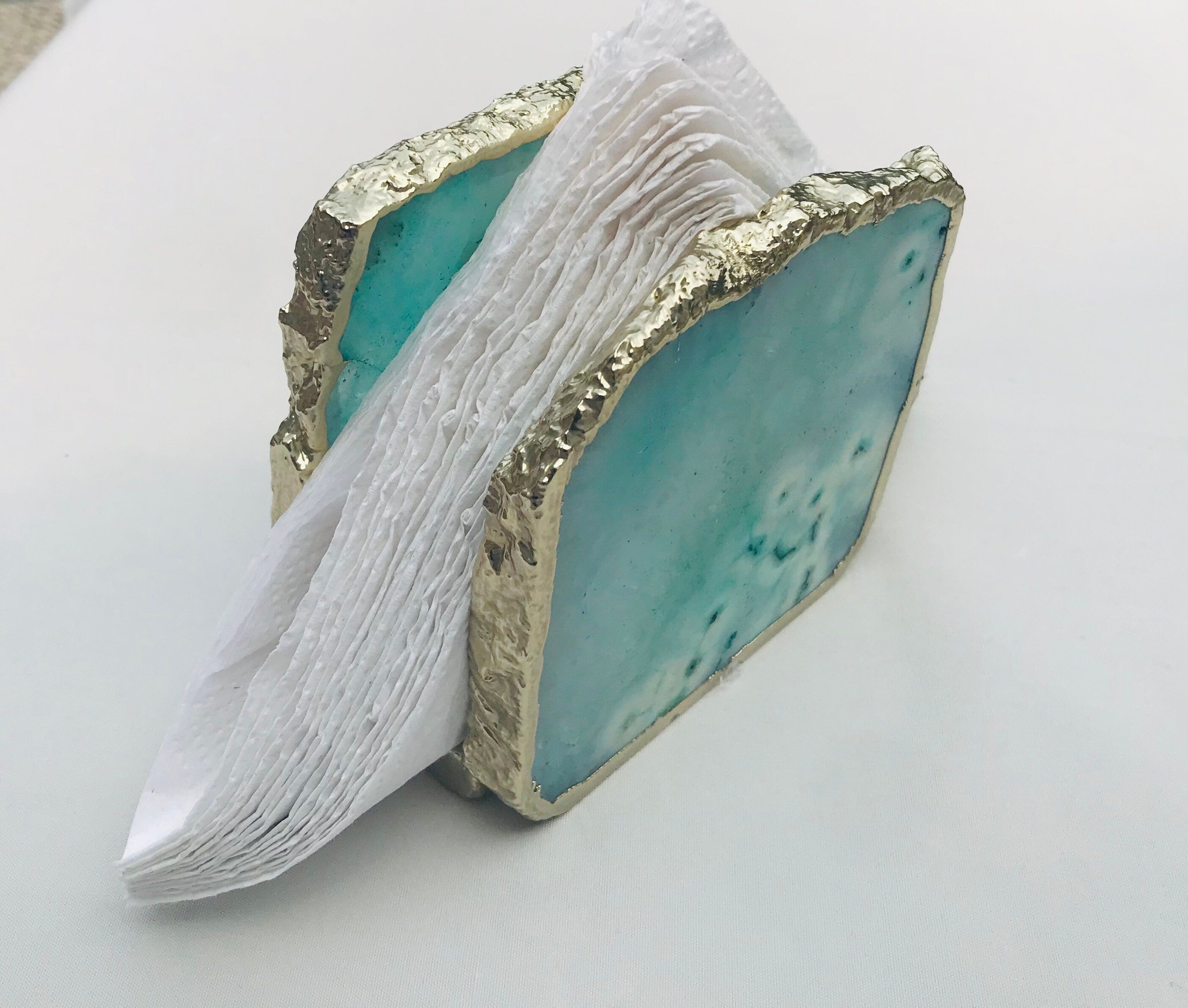 Aqua Agate Napkin Holder/Natural Stone Napkin Holder/Paper Napkin Holder/Desk Napkin Holder/Picnic Holder-4