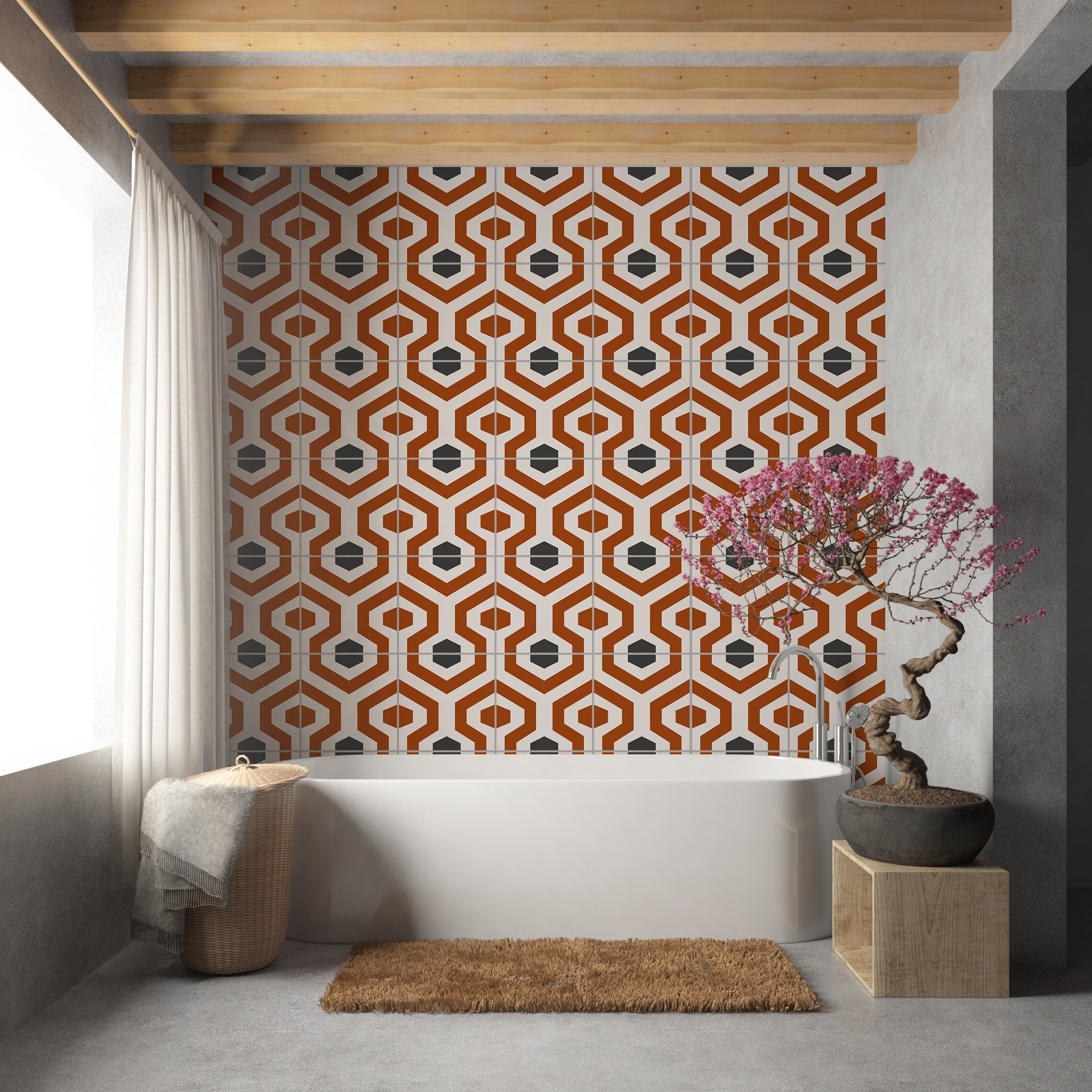 Geometric Vintage Hexagons Tile Stickers, Mid Century Tile Pattern, Suitable for Wall and Floor, Waterproof, PACK of 10, SKU:HEVI-1