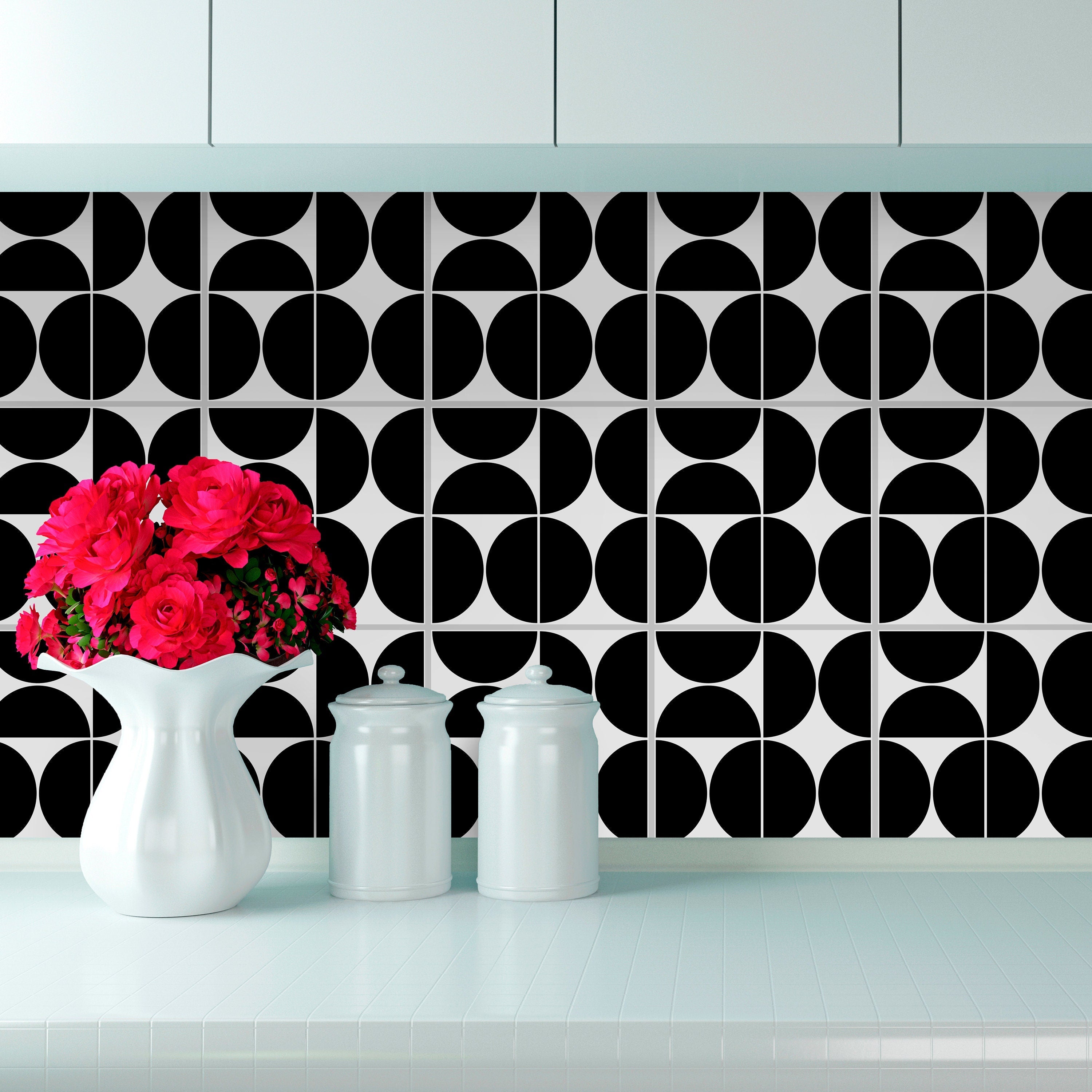 Black & White Modern Circles Pattern Tile Stickers, Suitable Wall and Floor, Waterproof, Tile Decoration, Modern Decor, PACK of 10, SKU:BMOC-2