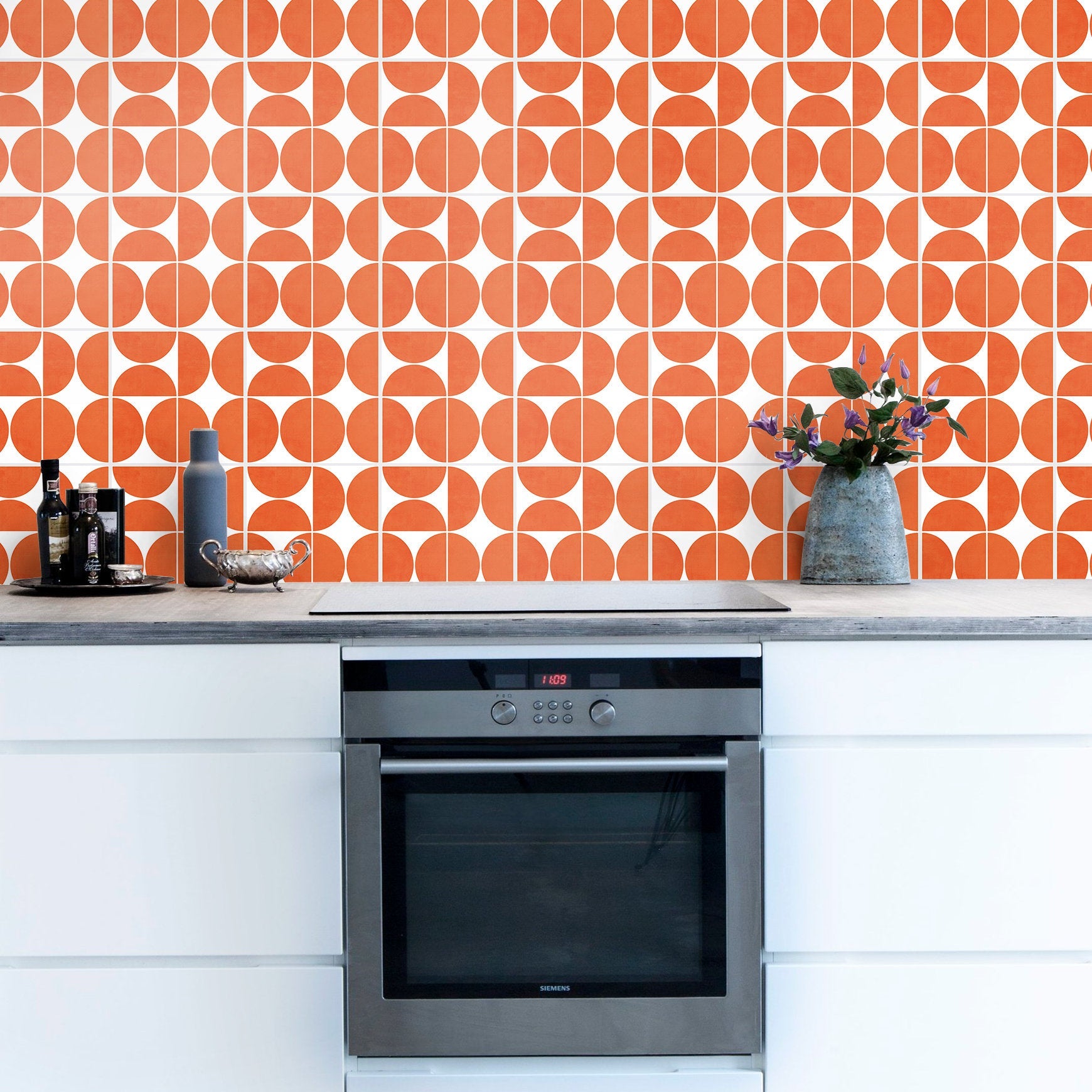 Orange Modern Circles Pattern Tile Stickers, Suitable Wall and Floor, Waterproof, Tile Decoration, Modern Decor, PACK of 10, SKU:OMOC-3