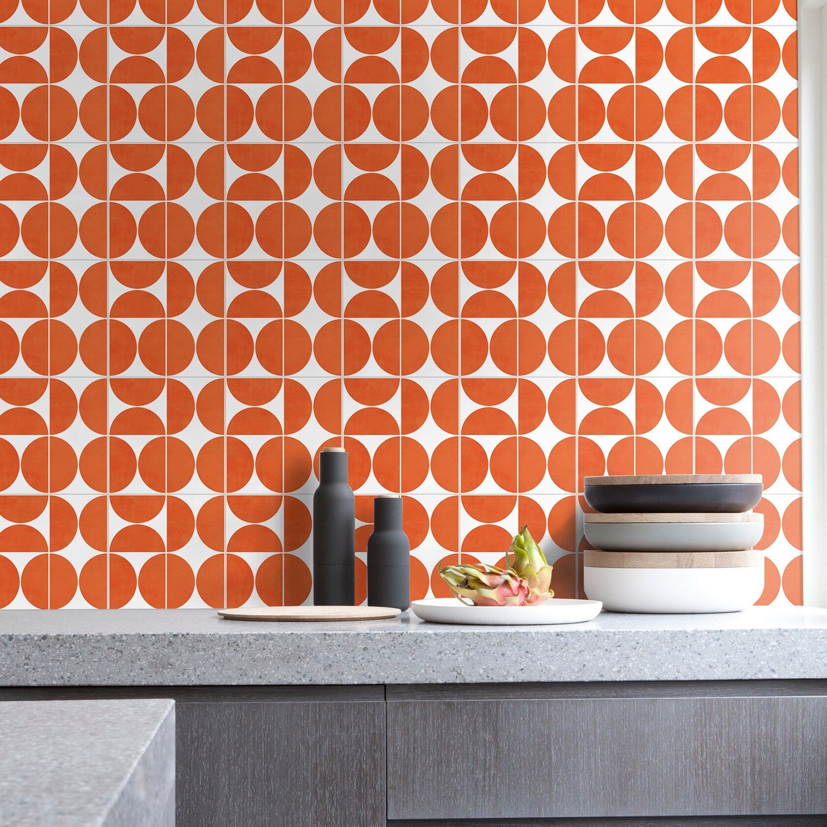 Orange Modern Circles Pattern Tile Stickers, Suitable Wall and Floor, Waterproof, Tile Decoration, Modern Decor, PACK of 10, SKU:OMOC-1