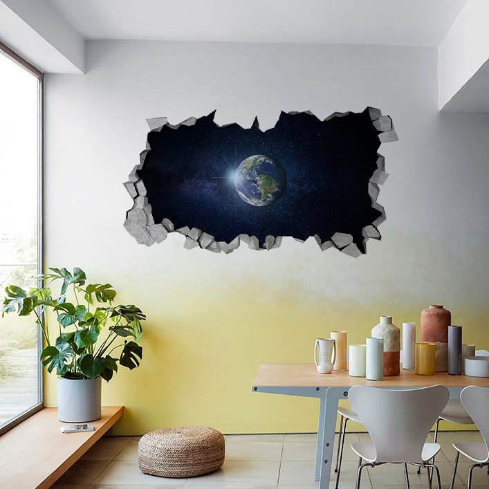 Planet Earth Wall Decal 3D - 3d Wallpaper - 3d wall decals - 3d printed - 3d wall art - Wall Sticker - Broken Wall Decal - SKU:PLANET3D-2