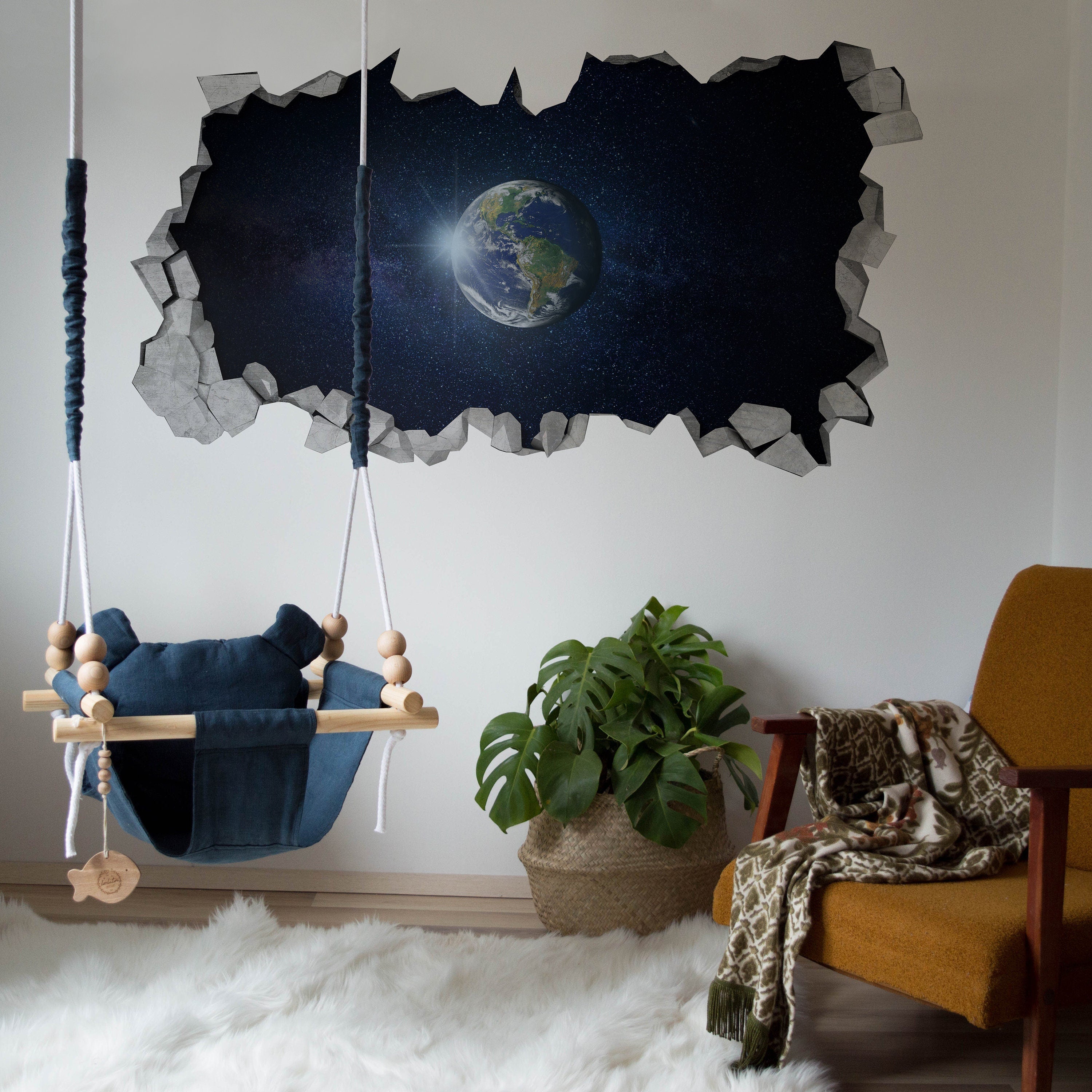 Planet Earth Wall Decal 3D - 3d Wallpaper - 3d wall decals - 3d printed - 3d wall art - Wall Sticker - Broken Wall Decal - SKU:PLANET3D-1