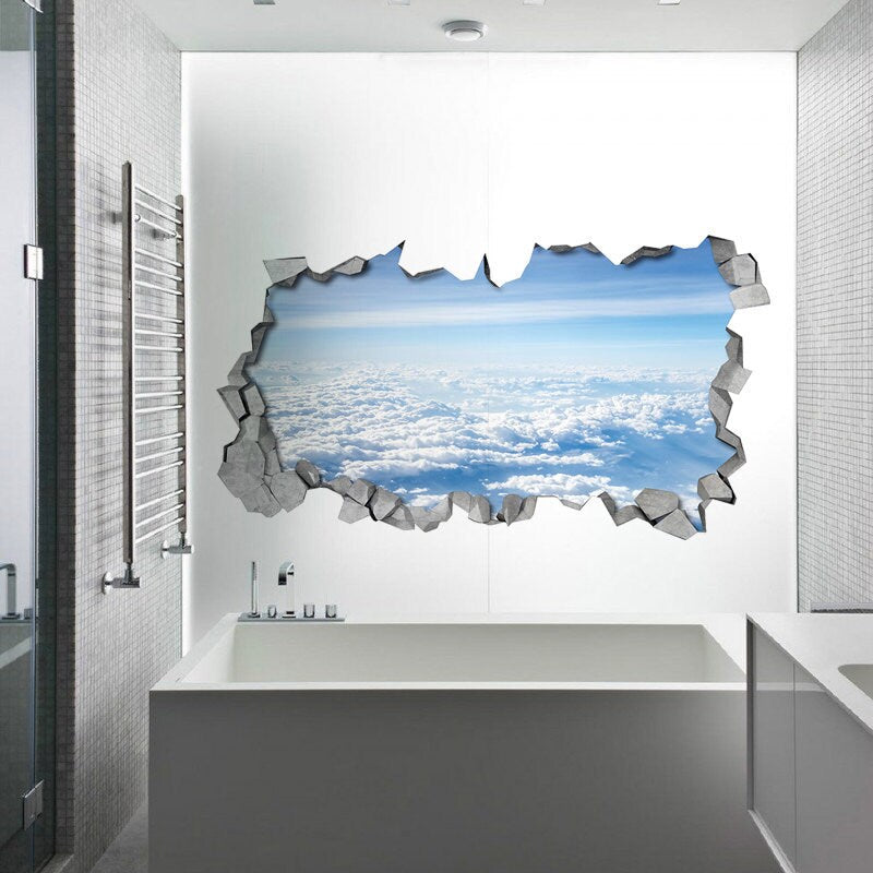 White Clouds Broken Wall Decal - 3d Wallpaper - 3d wall decals - 3d printed - 3d wall art - 3d art - Wall Sticker-Wall Decal - SKU:CLOUDY3D-3