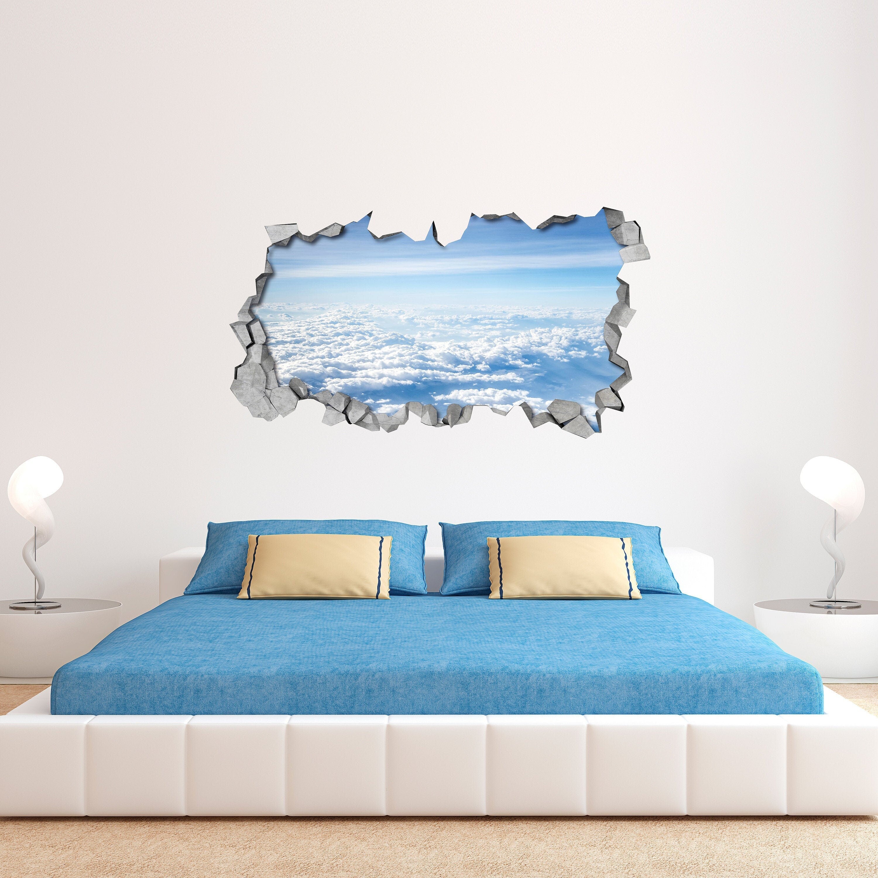 White Clouds Broken Wall Decal - 3d Wallpaper - 3d wall decals - 3d printed - 3d wall art - 3d art - Wall Sticker-Wall Decal - SKU:CLOUDY3D-0