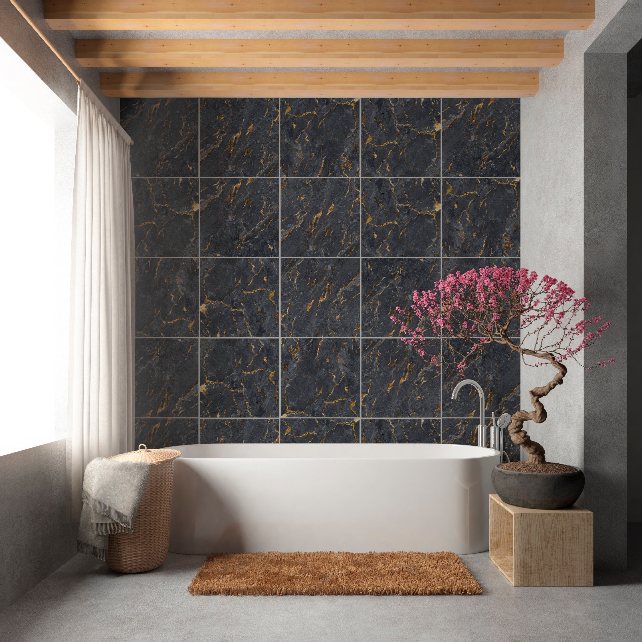 Black & Gold Marble Tile Sticker, Suitable for Wall and Floor, Vinyl Matte, Waterproof, Tile Sticker, Decal, Pack of 10, SKU:BGDM-0