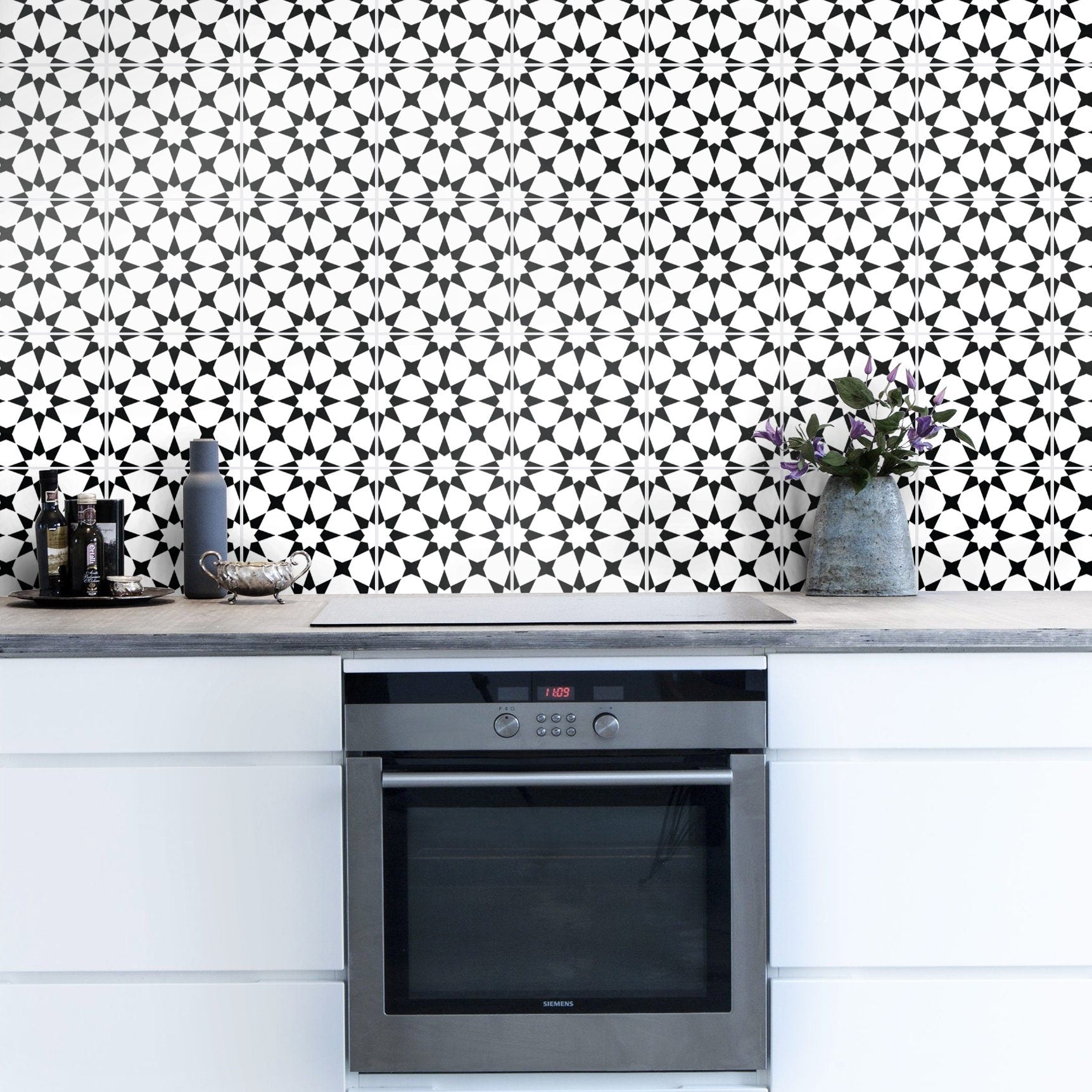 Starry Tile Stickers - Fireplace - Waterproof & Removable - Peel and Stick - Black and White - Pack of 10 - SKU:BERN-2