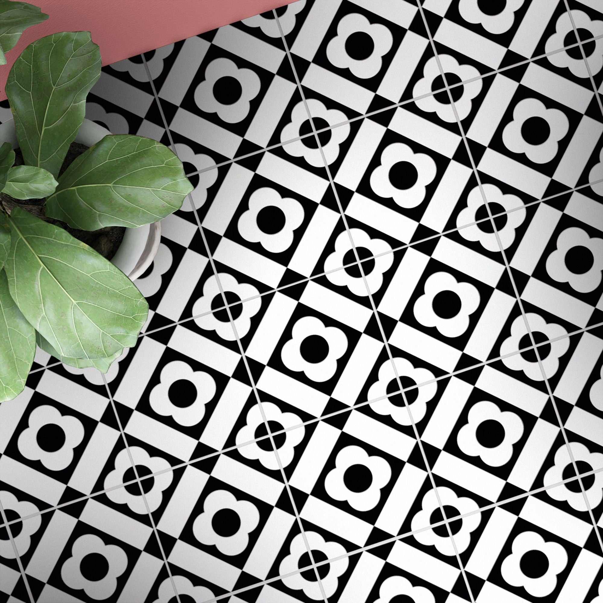 Floral Black and White Pattern, Tile Stickers, Easy way to customize your Bathroom, Waterproof and Removable - Pack of 10 - SKU:FLBW-1