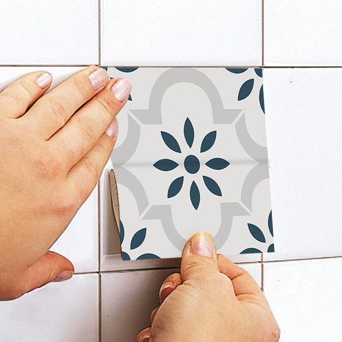 Grey Blue Flower Tile Stickers, Suitable Wall and Floor, Waterproof, Tile Decoration, Modern Decor, Pack of 10, SKU:GBFL-4