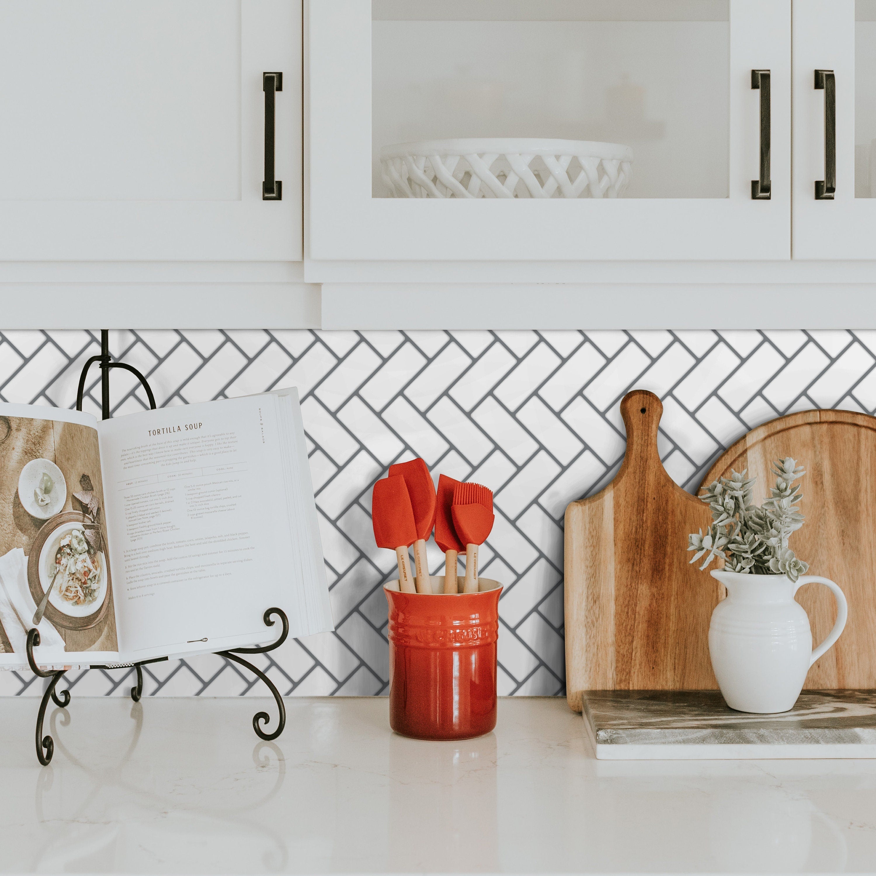 White Herringbone Backsplash Decals - Subway Tile Peel and Stick - Vinyl Self Adhesive - Kitchen Wall Decals - SKU:RT45-1