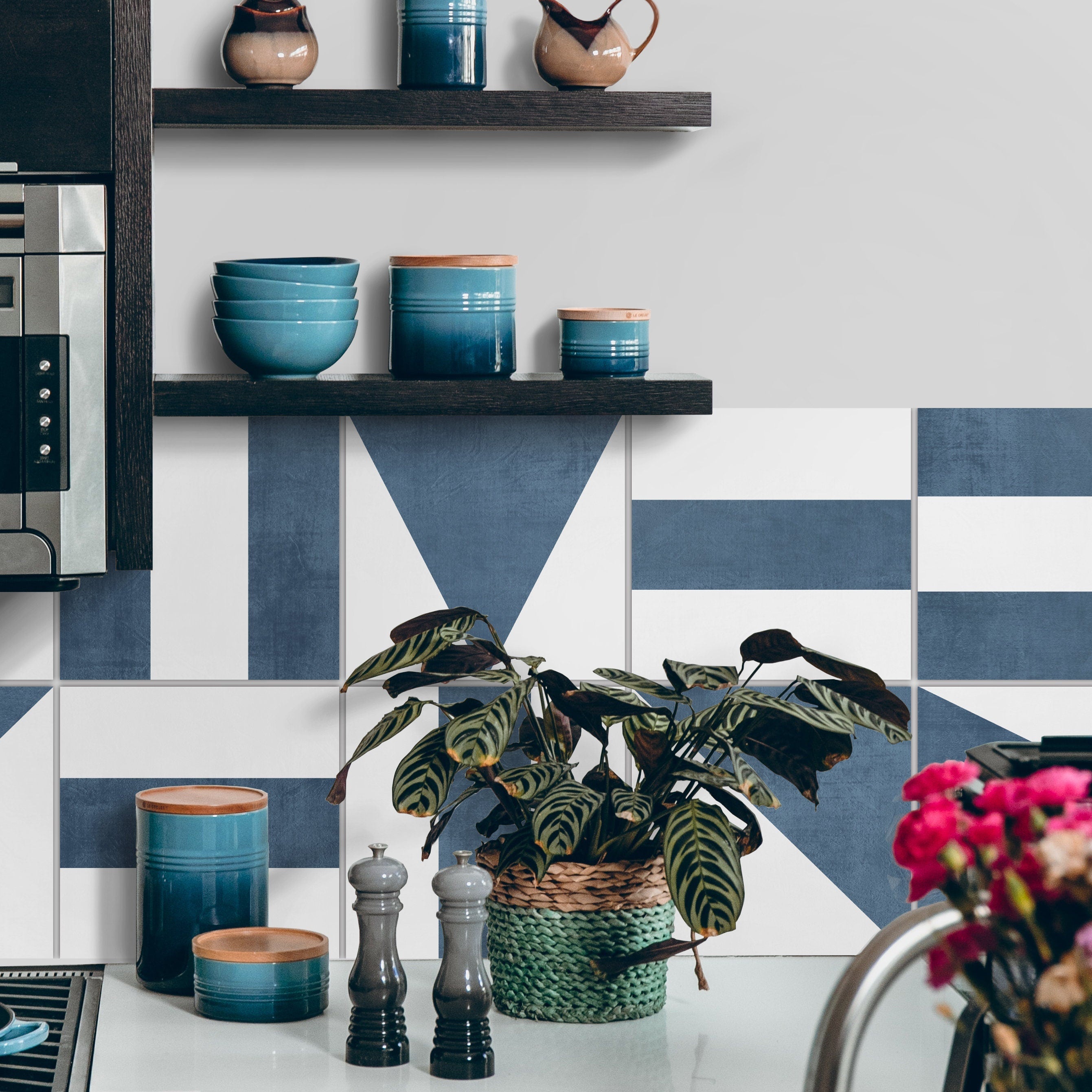 Geometric Blue Backsplash Tiles - Kitchen backsplash peel and stick in roll - Crédence adhésive - Wall Decals - SKU:RT42-1