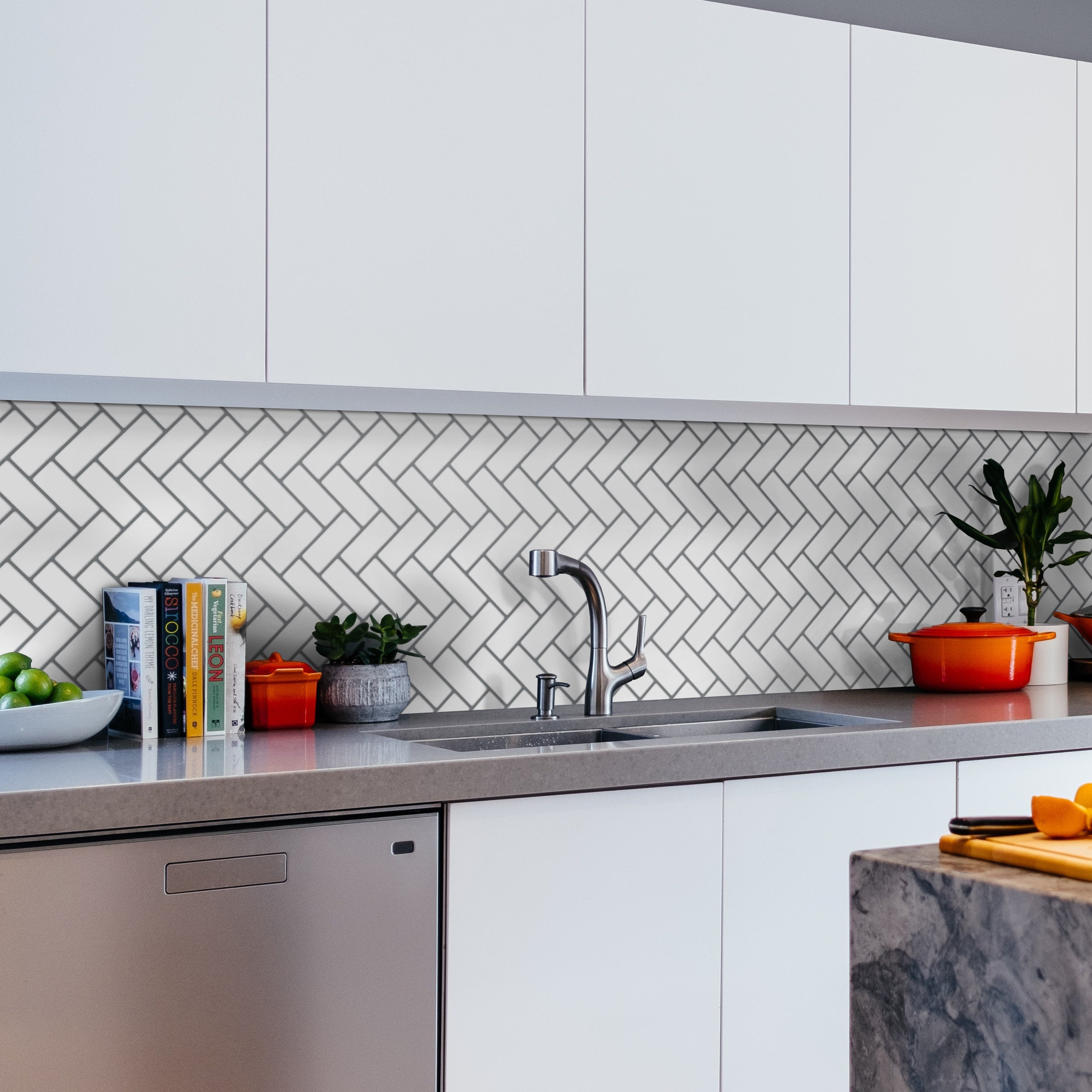 White Herringbone Backsplash Decals - Subway Tile Peel and Stick - Vinyl Self Adhesive - Kitchen Wall Decals - SKU:RT45-3