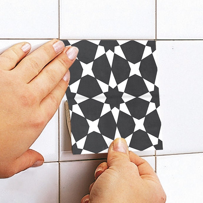 Black Starry Tile Stickers, Basel Pattern, Waterproof & Removable, Kitchen or Backsplash, PACK of 10, SKU:BASL-3