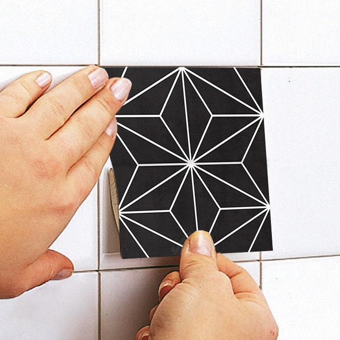 Art Deco Black Tile Stickers, Black Tile Stickers, Suitable for Wall and Floor, Waterproof, Pack of 10, SKU:ADBL-3