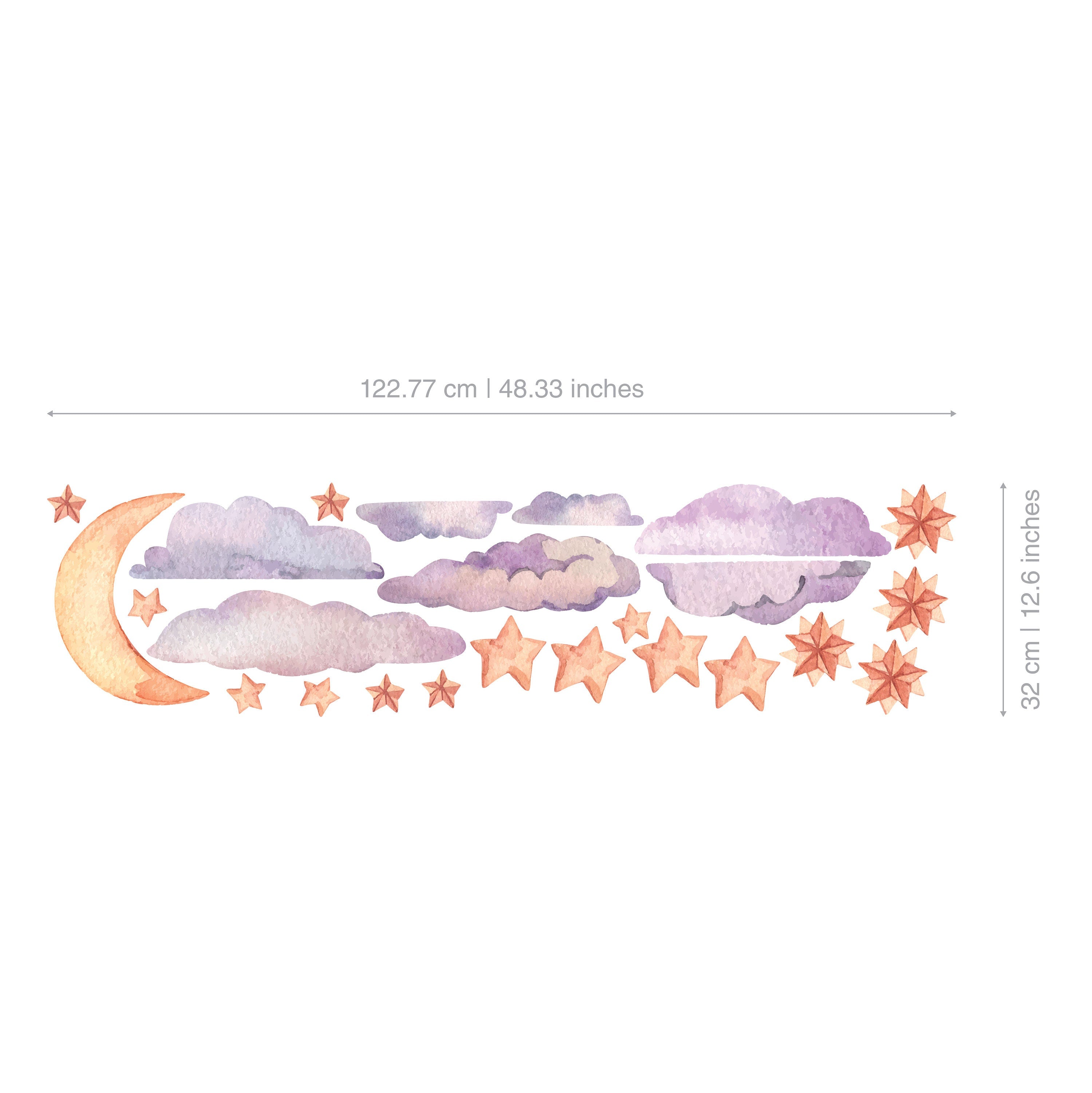 Watercolor Cloud Sky Stars, Watercolour Wall Decals, Nursery Stickers, Star and Moon Wall Decals, SKU:PRPL-3