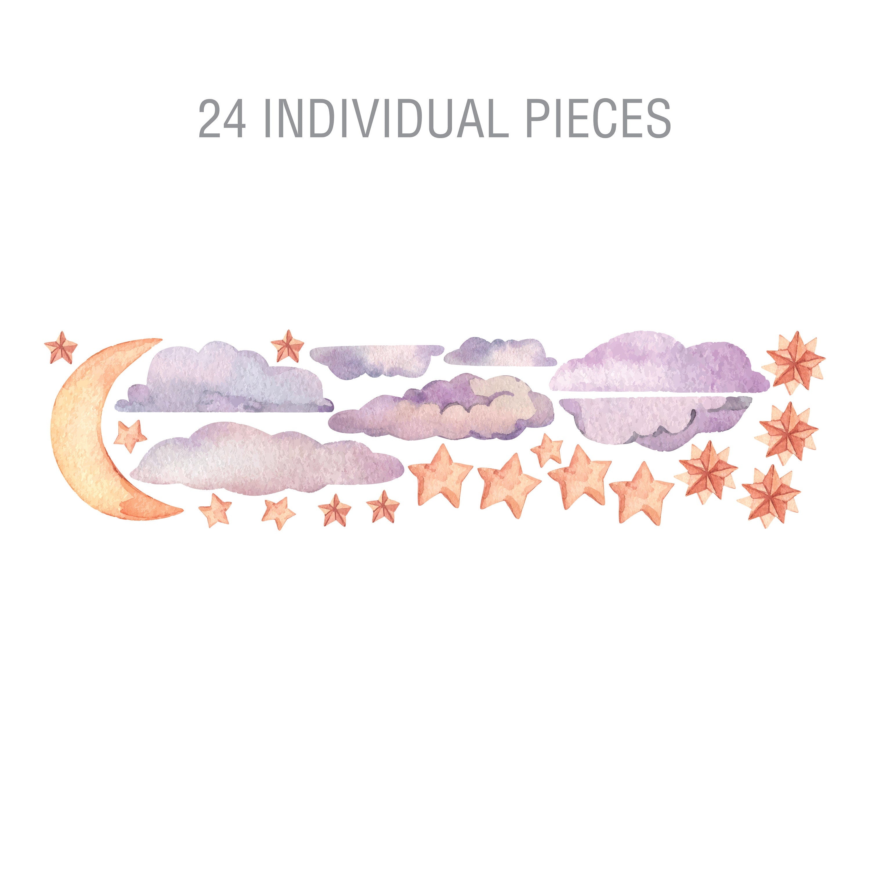 Watercolor Cloud Sky Stars, Watercolour Wall Decals, Nursery Stickers, Star and Moon Wall Decals, SKU:PRPL-4