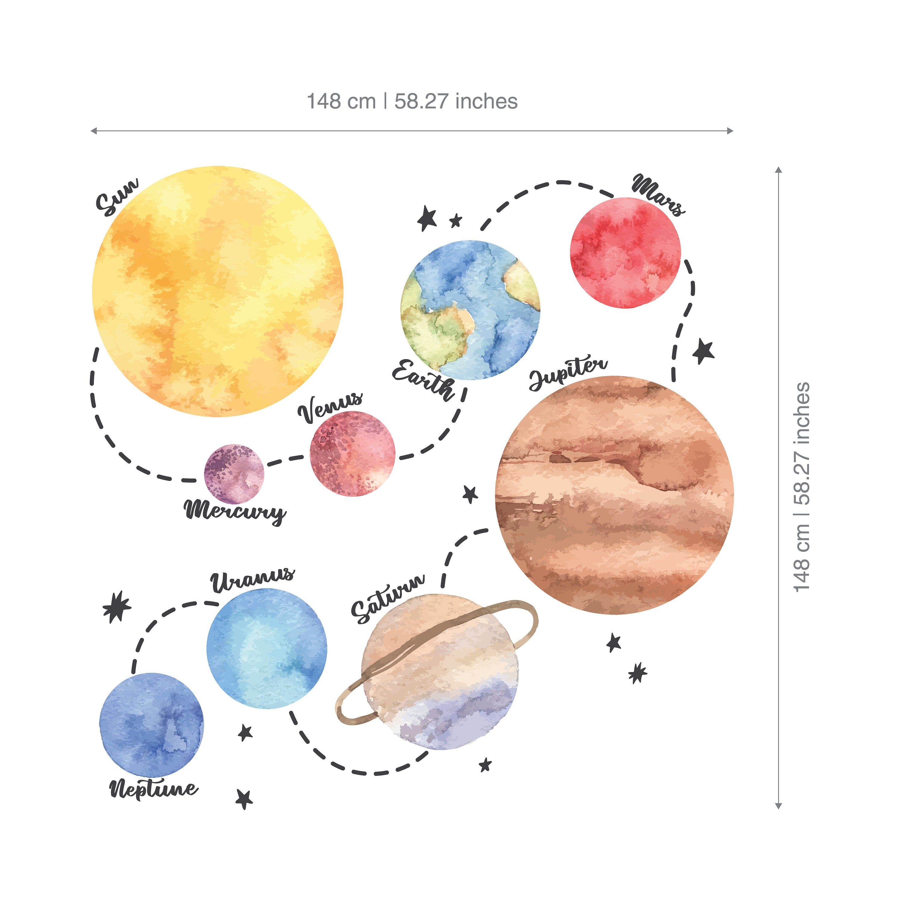 Solar System Decals, Watercolor Planets, Space Wall Stickers, Planets Peel and Stick, Educational Wall Art, SKU:SPWA-EN-4